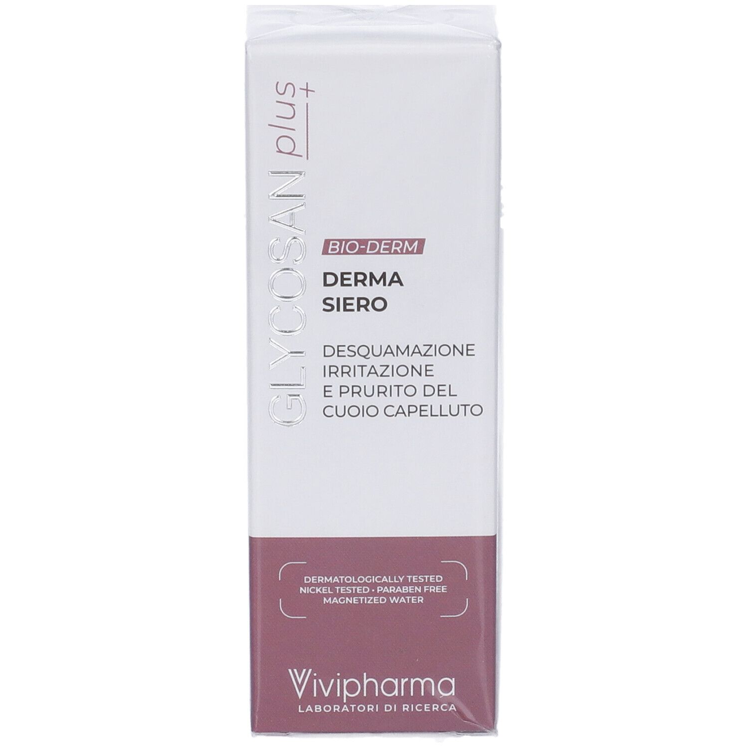 Confezione in cartone. Scritta: GLYCOSAN plus, BIO-DERM, Derma Siero. Marchio: Vivipharma. Testato dermatologicamente.