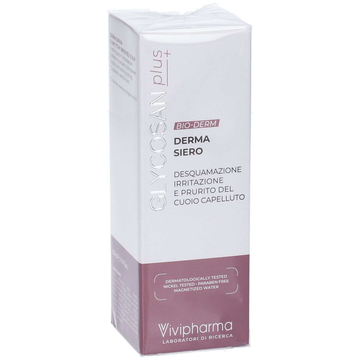 Confezione in cartone. Scritta: GLYCOSAN plus, BIO-DERM, Derma Siero. Marchio: Vivipharma. Testato dermatologicamente.