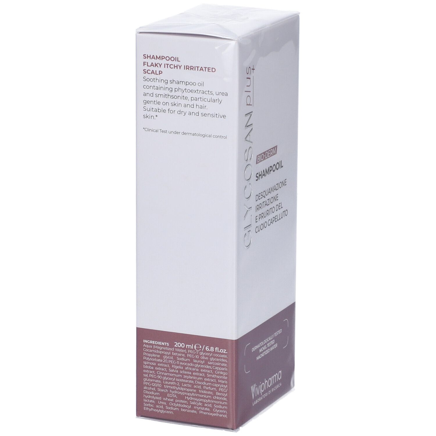 Confezione del prodotto. Scatola bianca con scritta: GLYCOSAN plus, BIO-DERM, Shampooil. Testo in italiano. Ingredienti e testo.