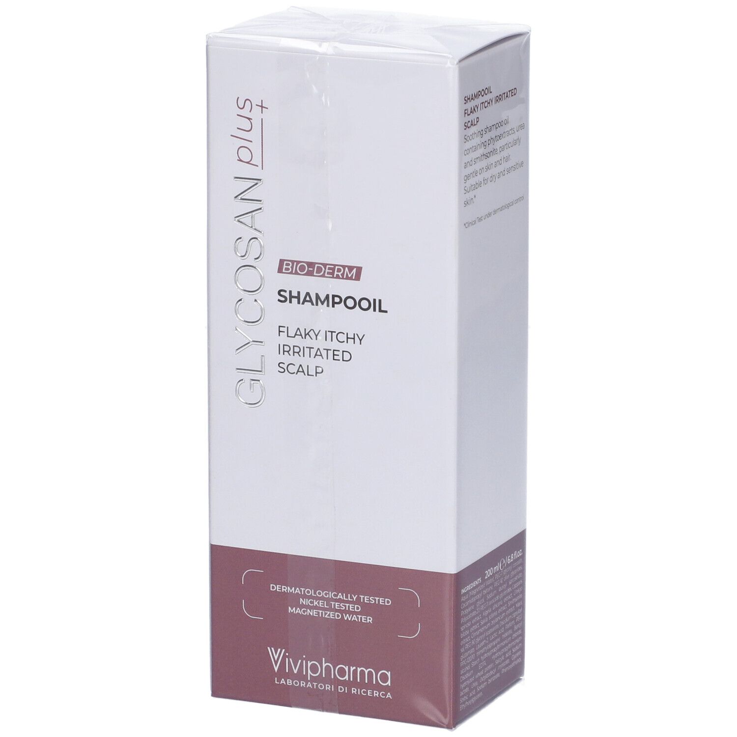Confezione del prodotto. Scatola bianca con scritta: GLYCOSAN plus, BIO-DERM, Shampooil. Testo in italiano.
