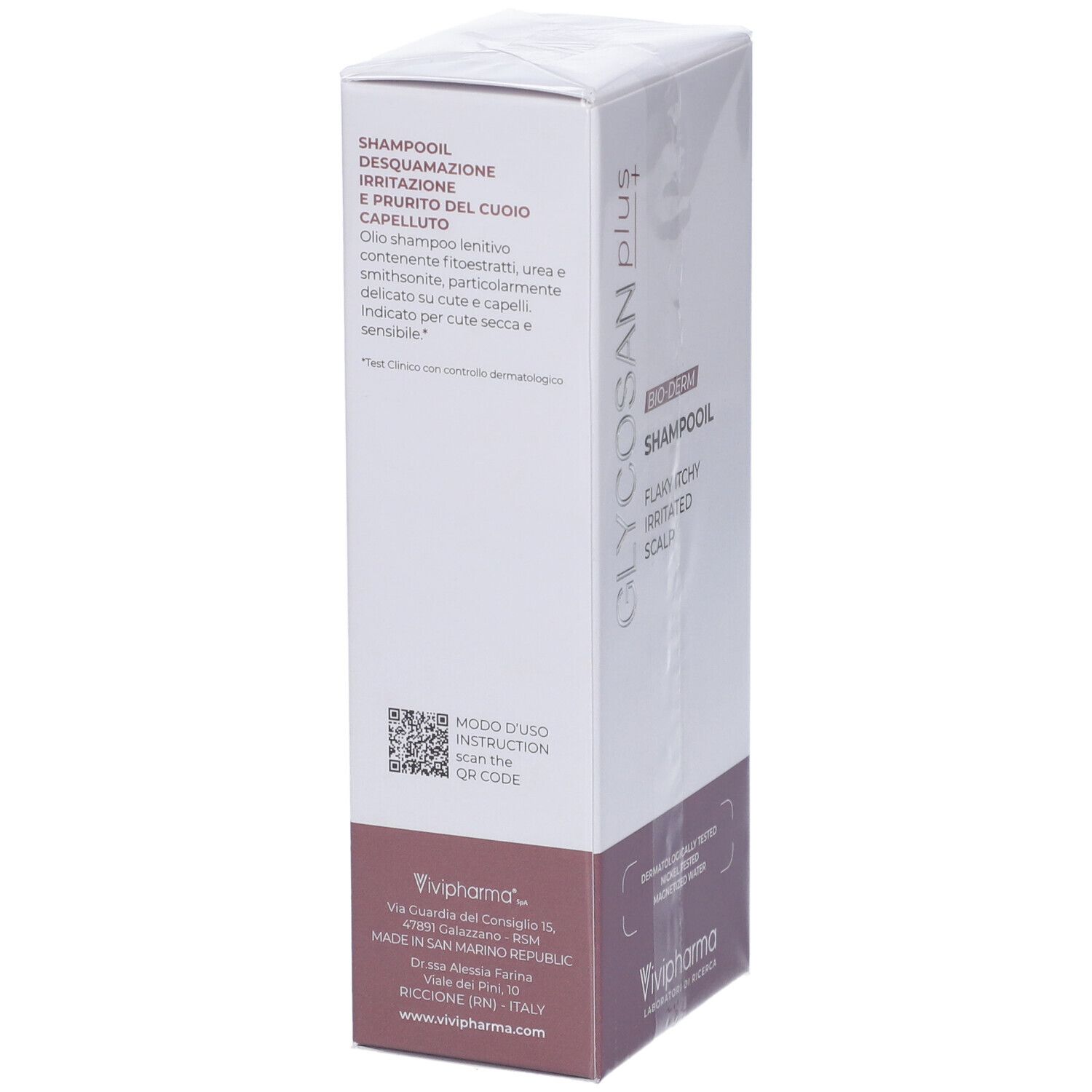 Confezione del prodotto. Scatola bianca con scritta: GLYCOSAN plus, BIO-DERM, Shampooil. Testo in italiano. Codice QR.