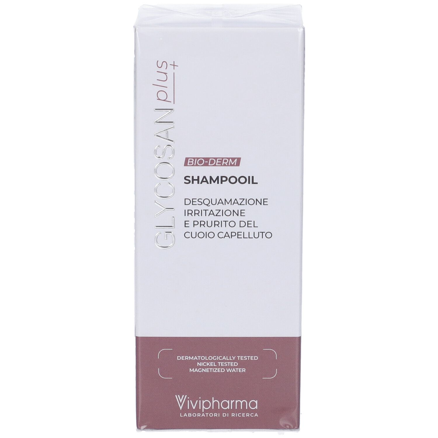 Confezione del prodotto. Scatola bianca con scritta: GLYCOSAN plus, BIO-DERM, Shampooil. Testo in italiano.