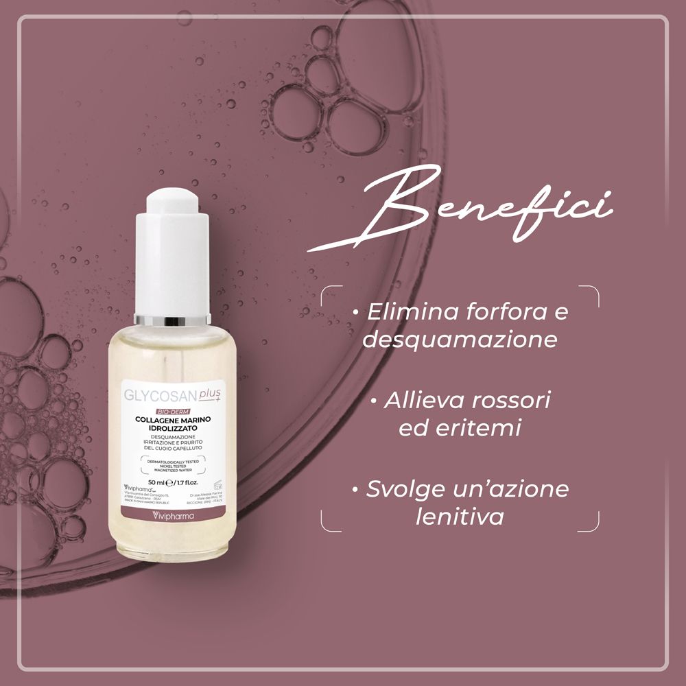 Flacone su sfondo viola. Testo: Elimina forfora e desquamazione, Allieva rossori ed eritemi, Svolge un'azione lenitiva.