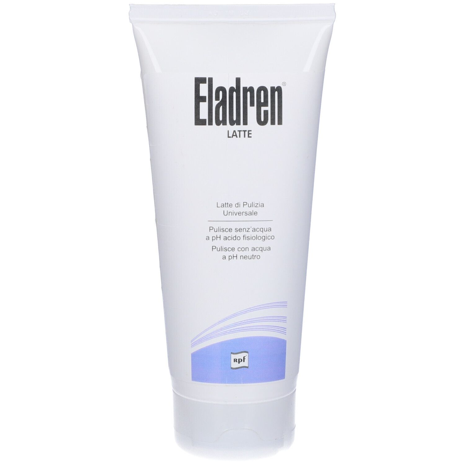 Tubo Eladren Latte. Tubo bianco con nome del prodotto. Testo: Latte di Pulizia Universale. pH.