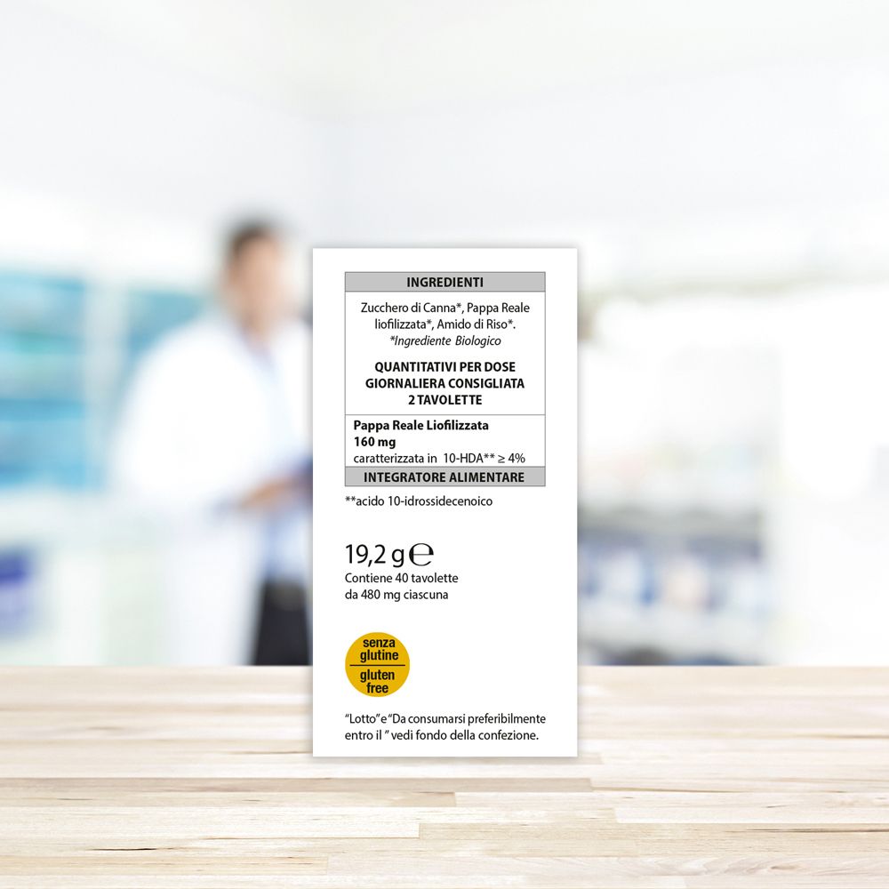 Retro della confezione del prodotto. Contiene ingredienti, dosaggio e informazioni nutrizionali. Senza glutine.