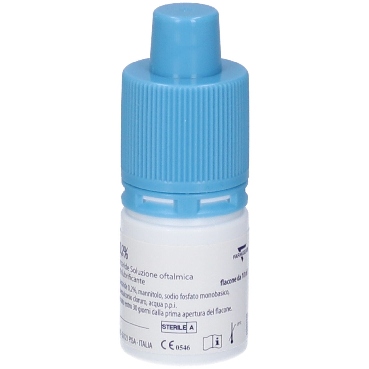 Flacone di collirio con tappo blu. Scritta: TSP 0,2%.