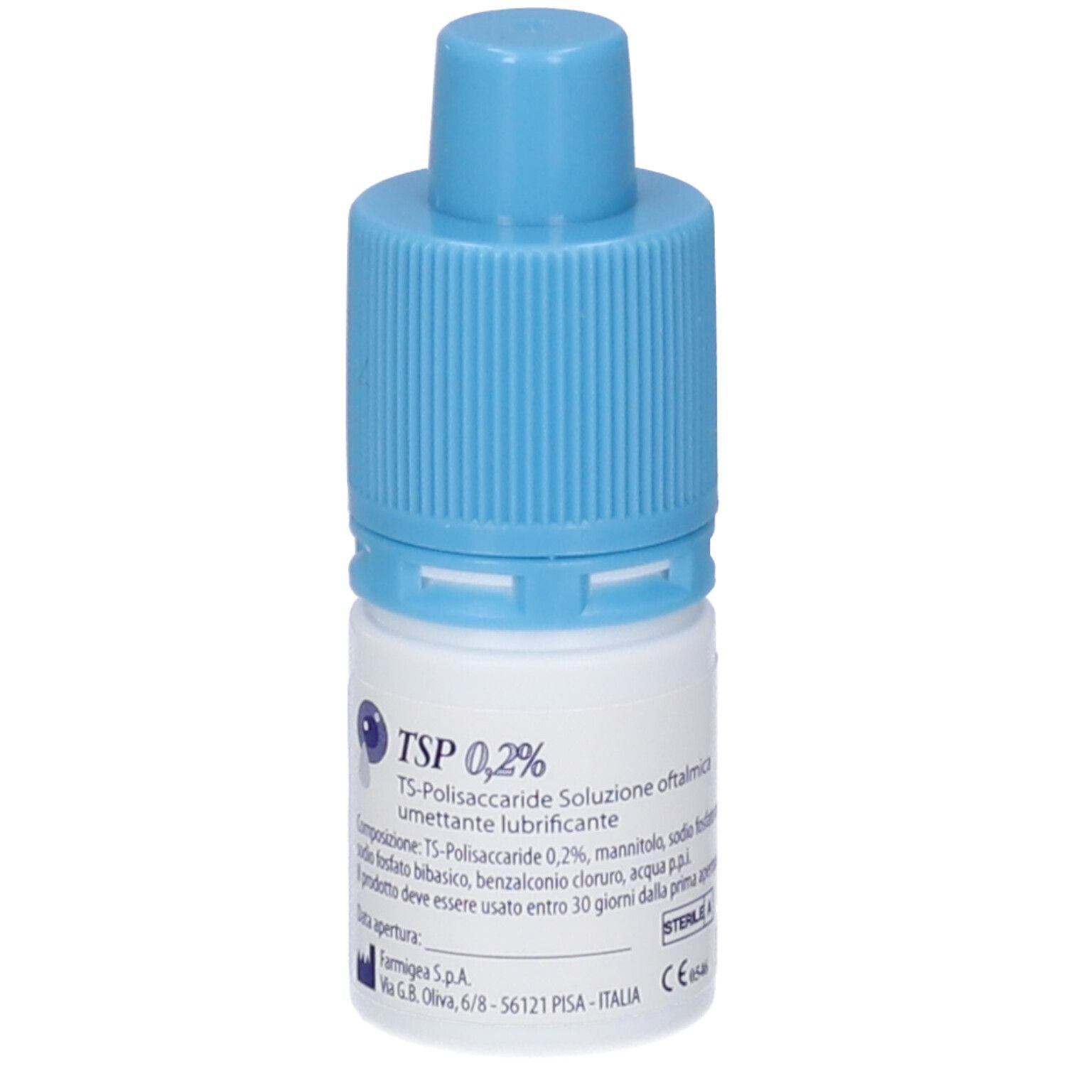 Flacone di collirio con tappo blu. Scritta: TSP 0,2%.
