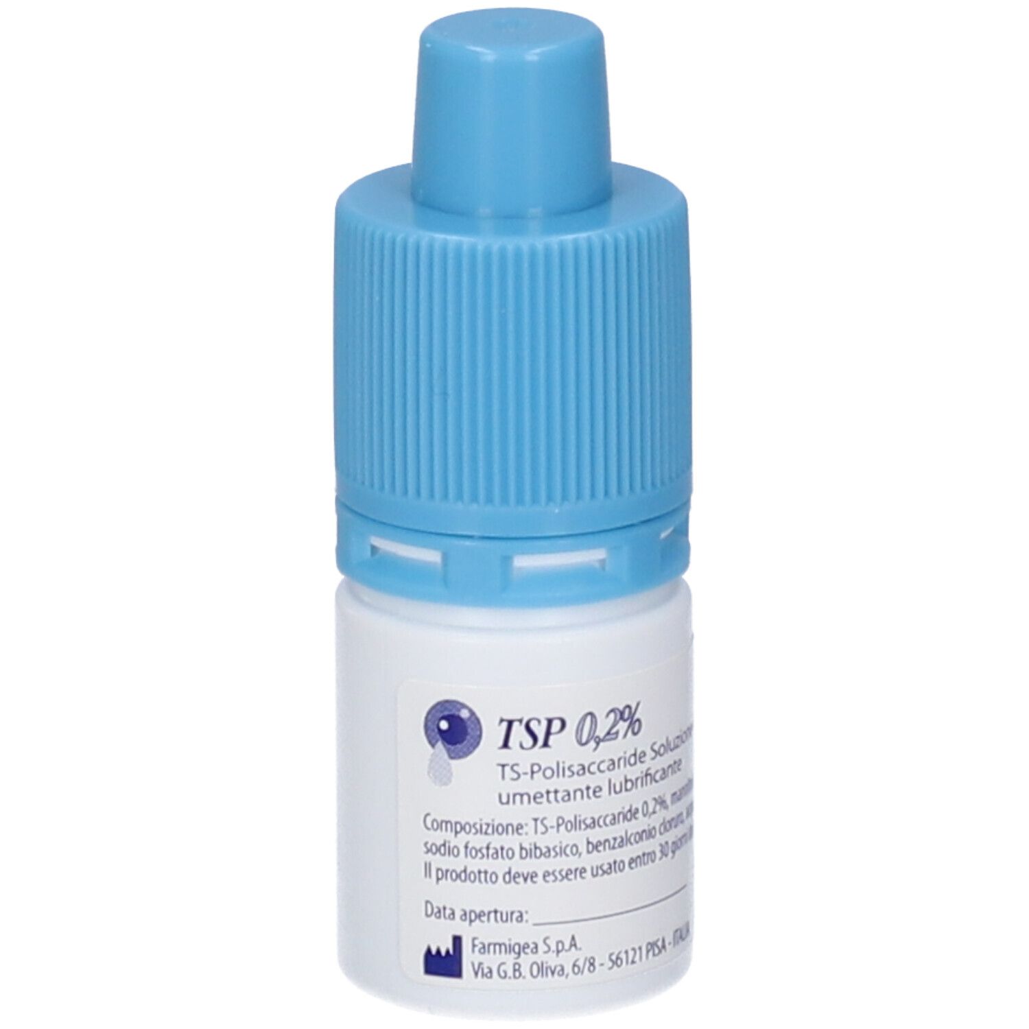 Flacone di collirio con tappo blu. Scritta: TSP 0,2%.