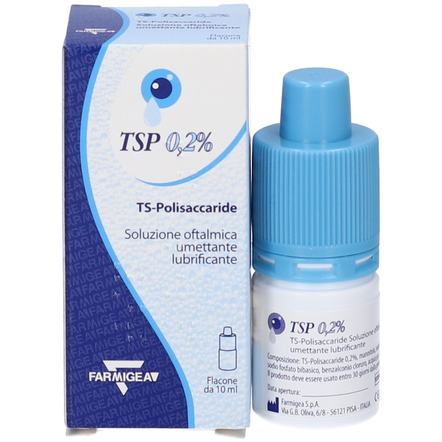 Flacone di collirio e confezione. Scritta: TSP 0,2%.