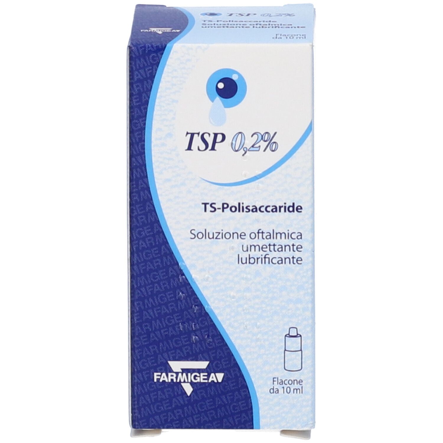 Confezione per collirio. Scritta: TSP 0,2%.