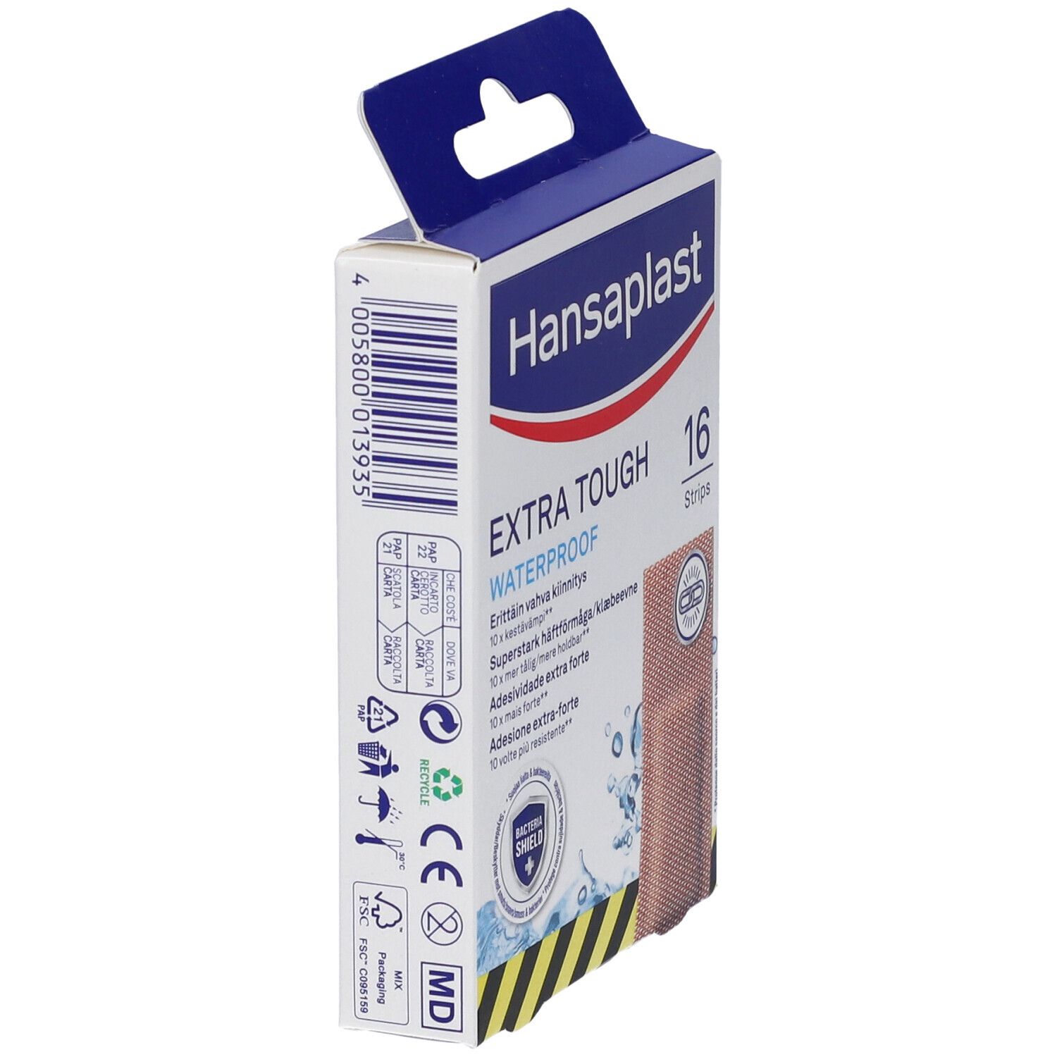 Cerotti Hansaplast Extra Tough Waterproof, 16 pezzi. Lato con codice a barre e certificazioni.