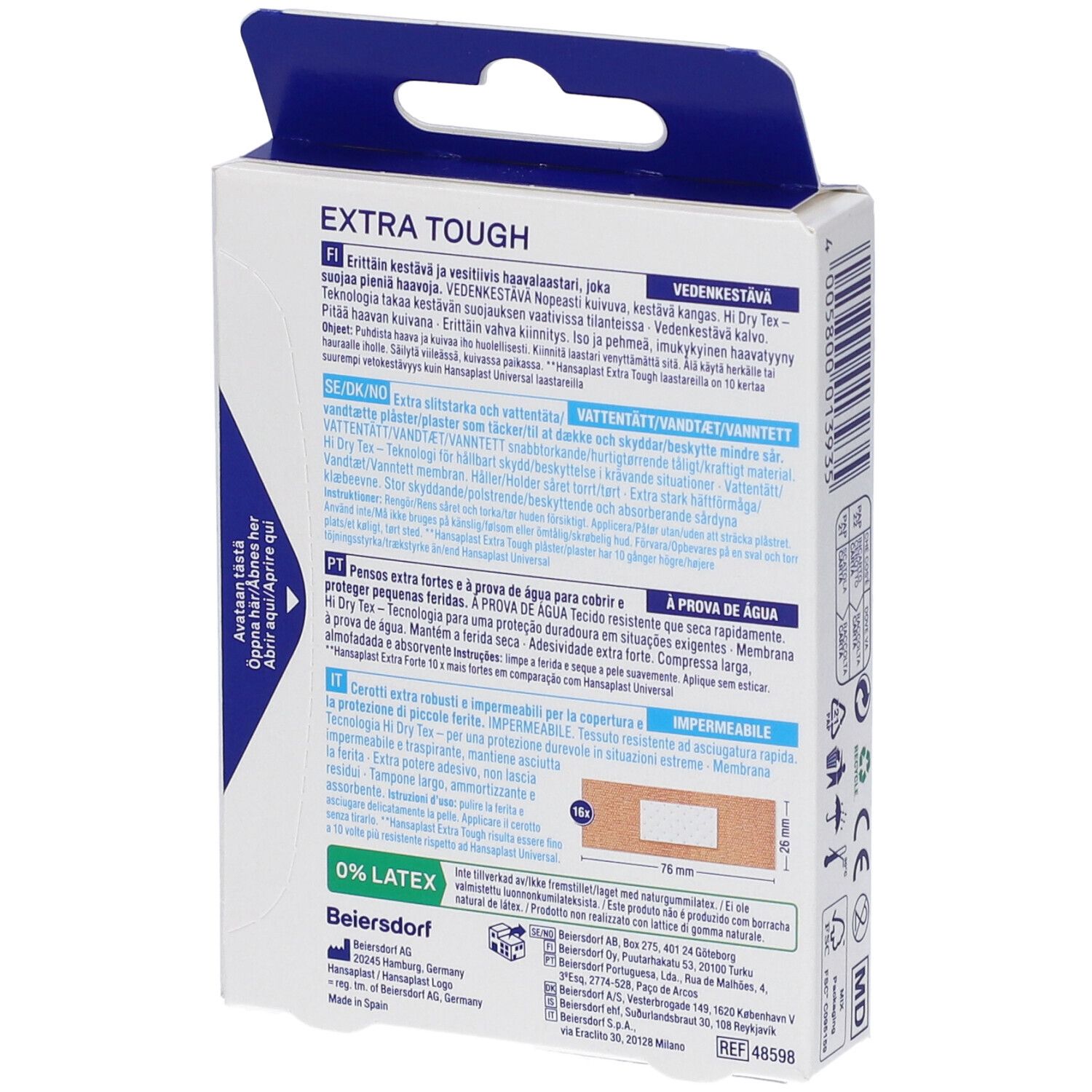 Cerotti Hansaplast Extra Tough Waterproof, 16 pezzi. Retro con informazioni prodotto multilingue.