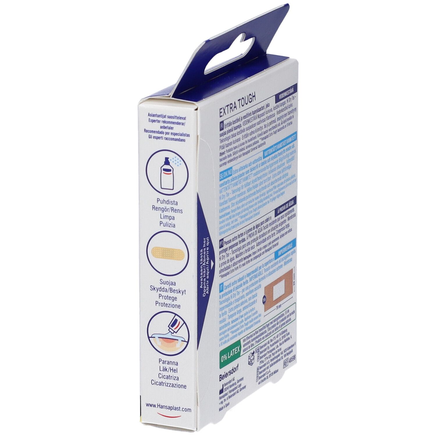 Cerotti Hansaplast Extra Tough Waterproof, 16 pezzi. Lato con istruzioni e loghi.