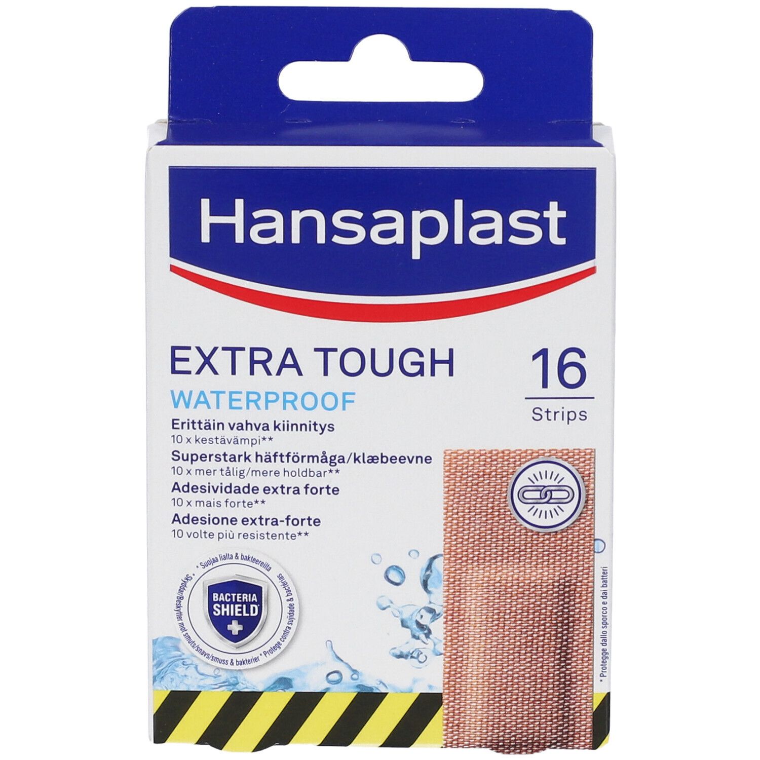 Cerotti Hansaplast Extra Tough Waterproof, 16 pezzi. Fronte con caratteristiche e un cerotto esempio.