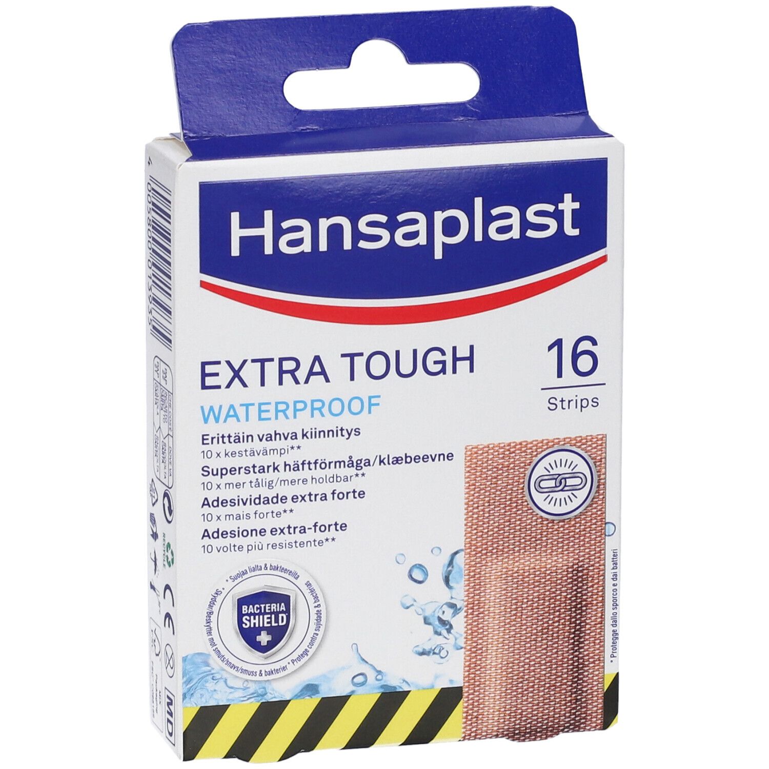 Cerotti Hansaplast Extra Tough Waterproof, 16 pezzi. Fronte con caratteristiche e un cerotto esempio.