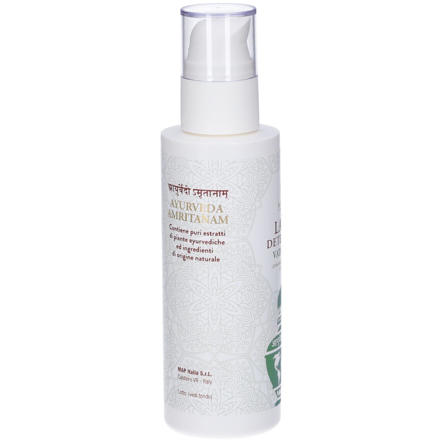 Flacone bianco con dosatore a pompa. Testo in scrittura indiana e italiano. Logo e informazioni prodotto.