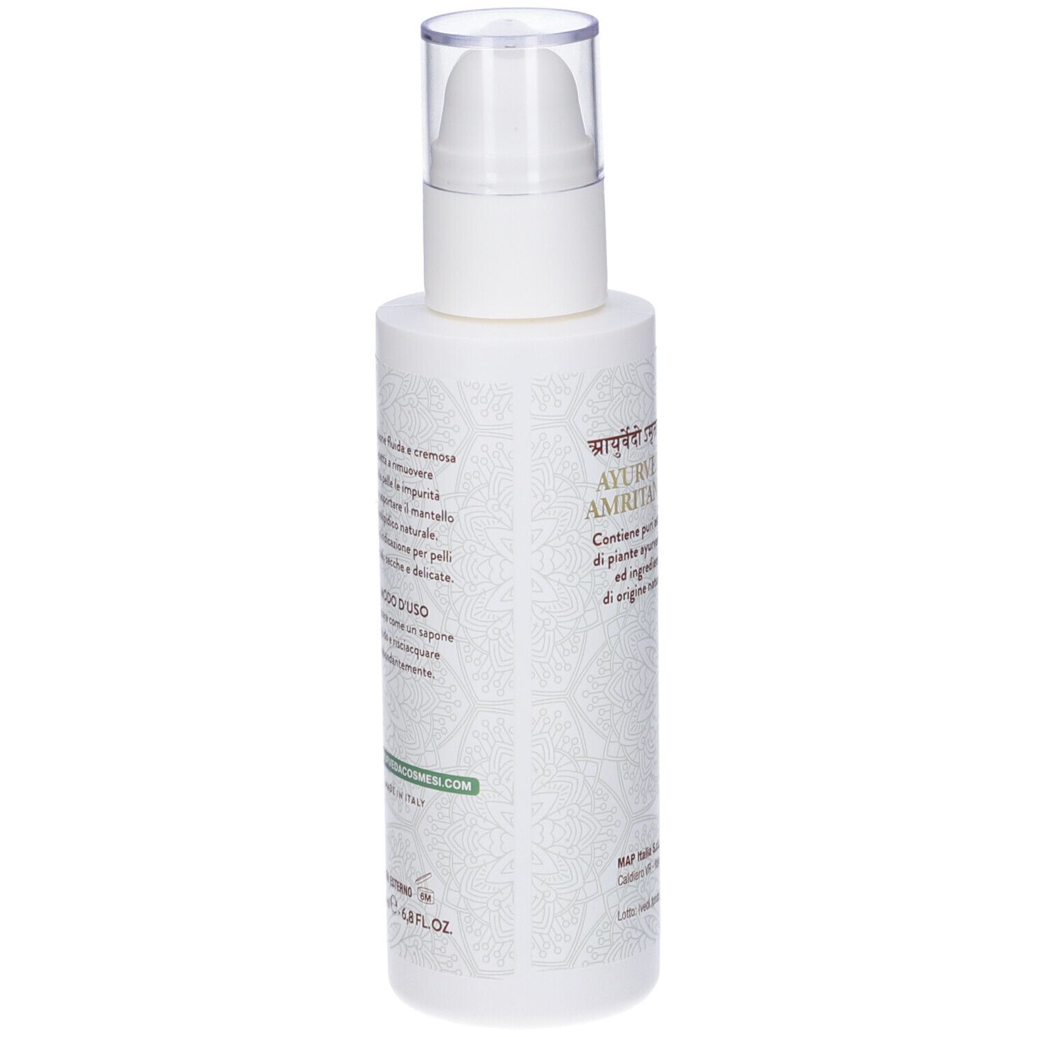 Retro del flacone bianco. Testo in italiano. Informazioni sugli ingredienti e l'uso.