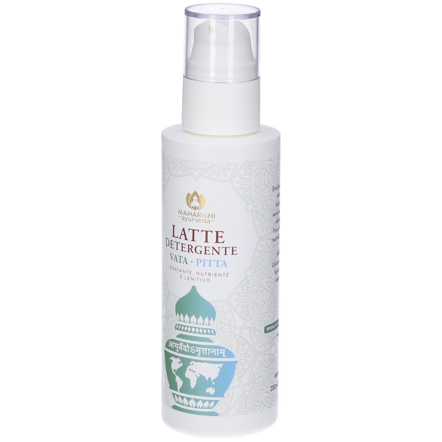 Flacone bianco con dosatore a pompa. Scritta: LATTE DETERGENTE VATA PITTA. Logo ed elementi decorativi.