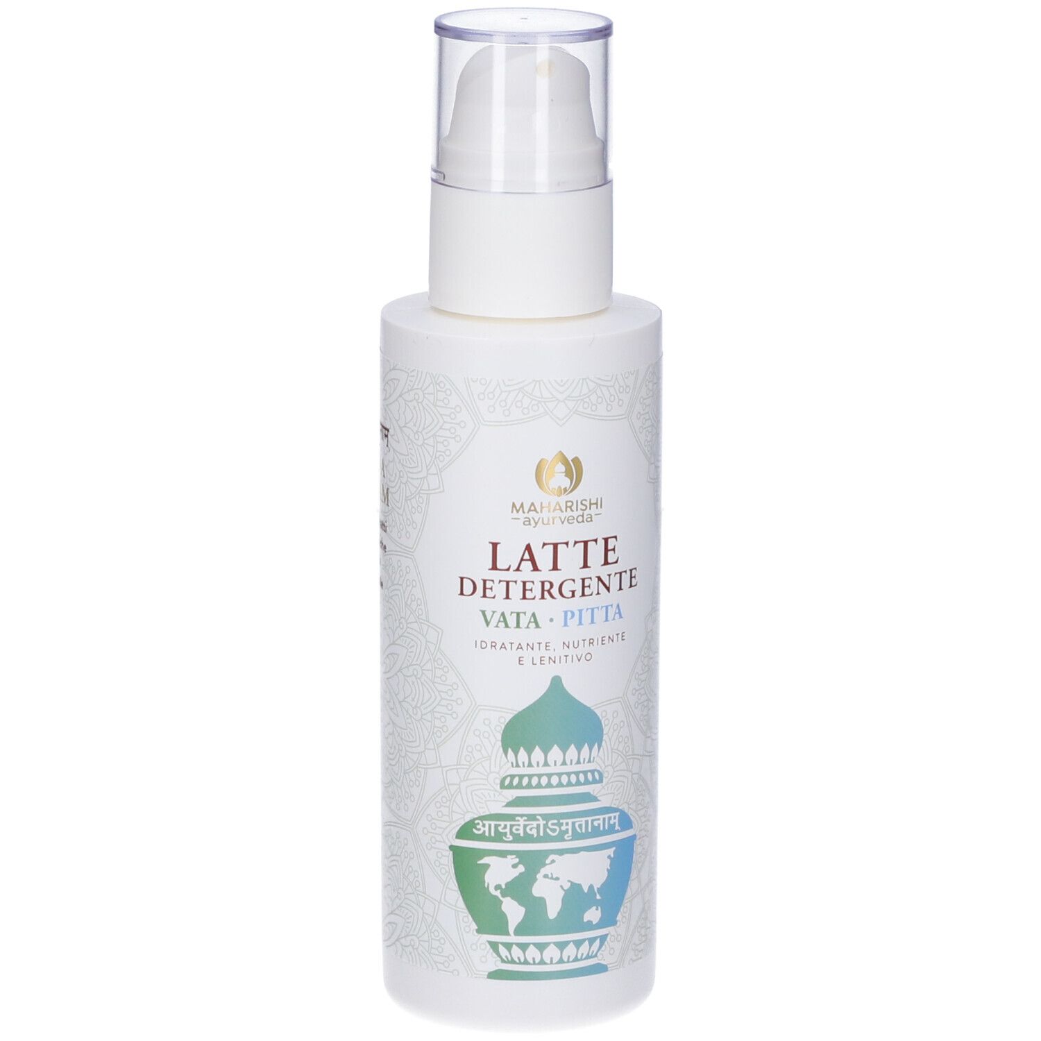 Flacone bianco con dosatore a pompa. Scritta: LATTE DETERGENTE VATA PITTA. Logo ed elementi decorativi.