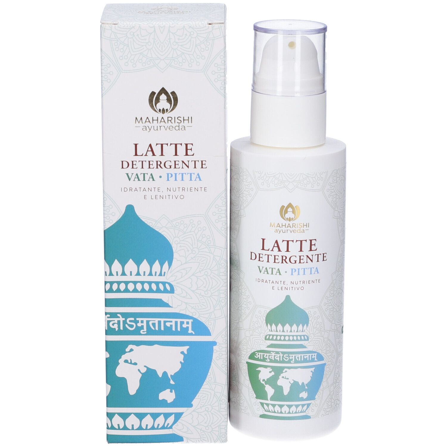 Flacone e confezione del prodotto. Scritta: LATTE DETERGENTE VATA PITTA. Logo ed elementi decorativi.