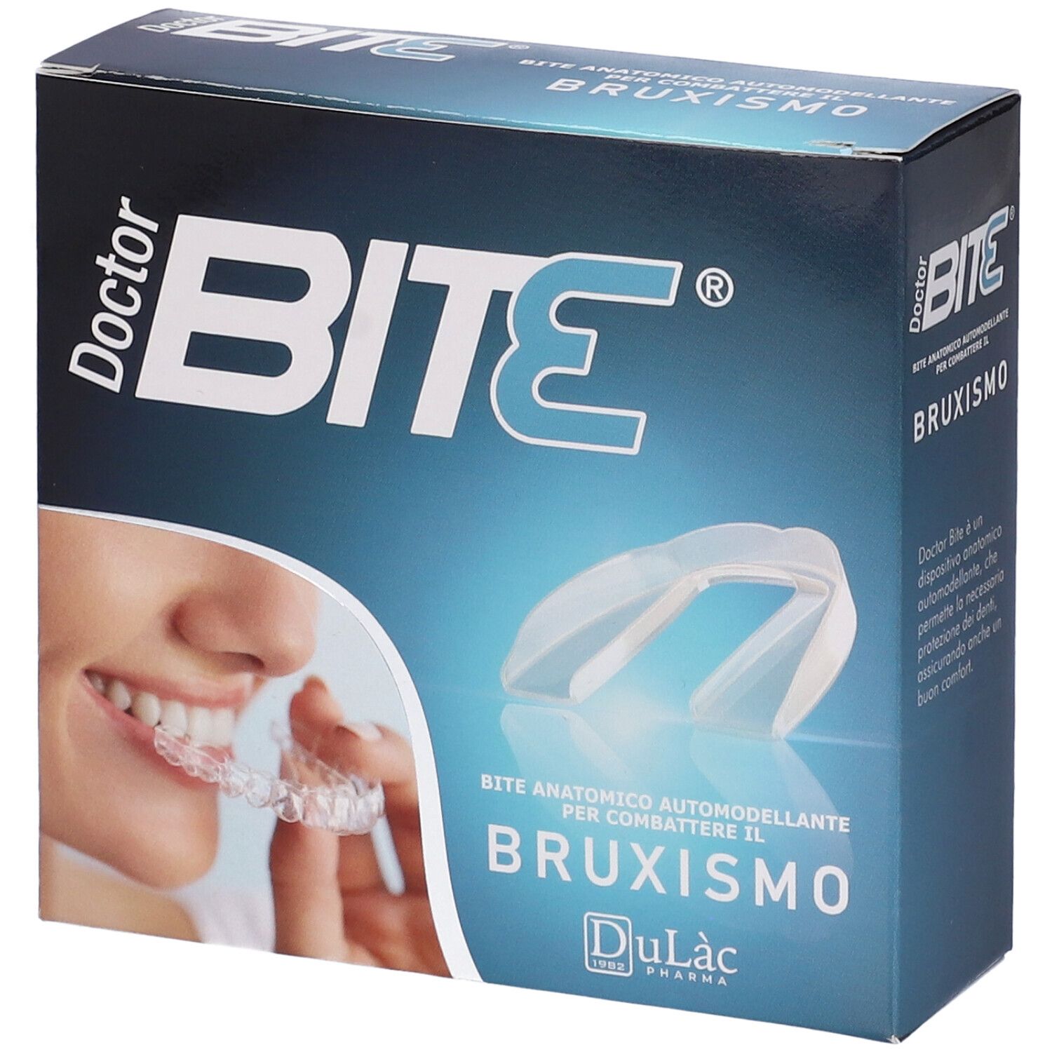 Scatola con un paradenti trasparente. Sulla scatola è scritto "Doctor Bite" e "Bruxismo".