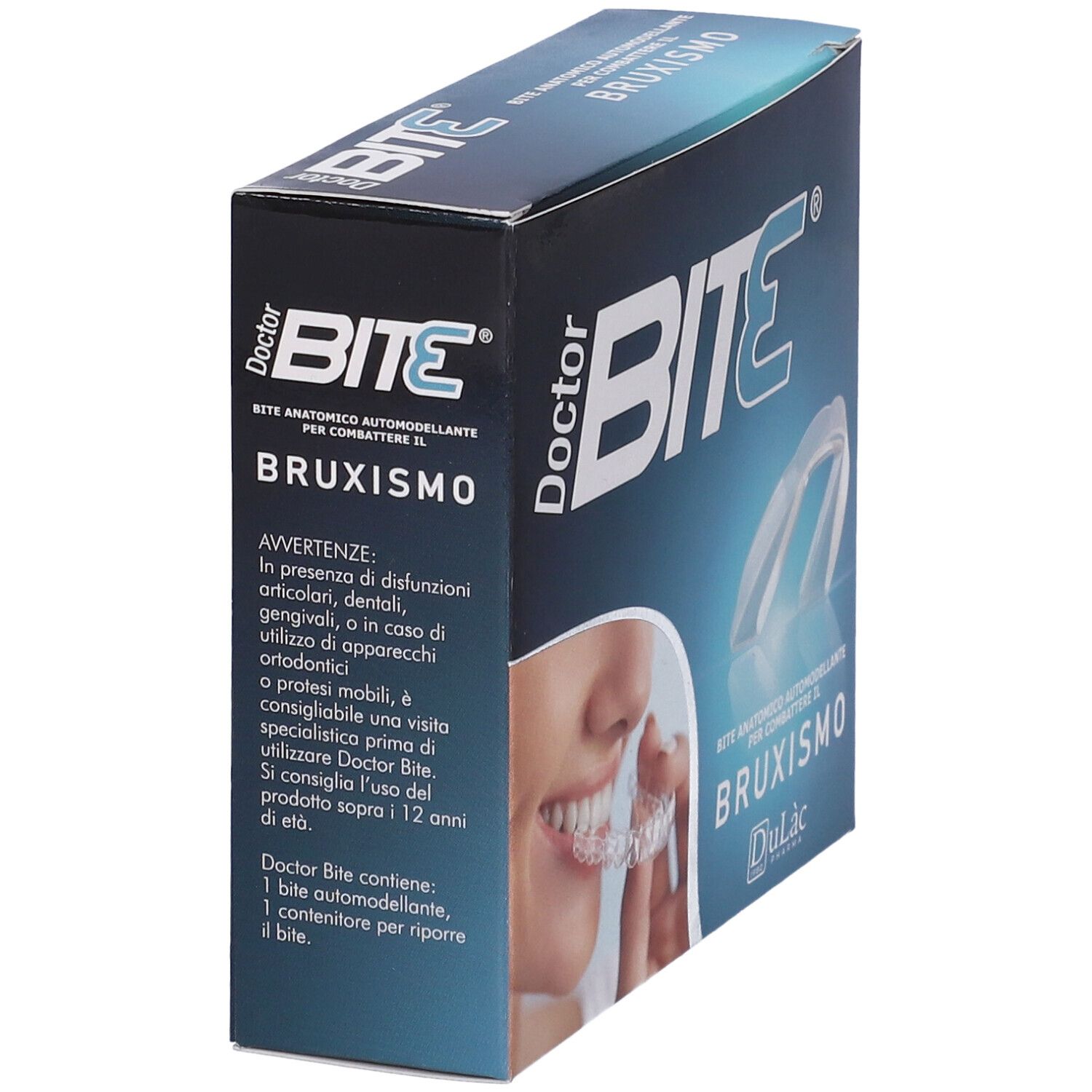Scatola con un paradenti. Sulla scatola è scritto "Doctor Bite" e "Bruxismo".
