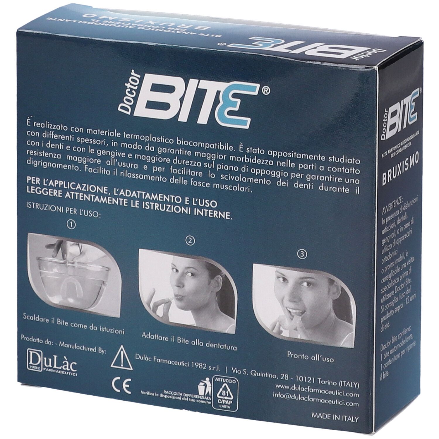 Retro della scatola con istruzioni. Sulla scatola è scritto "Doctor Bite" e "Bruxismo".