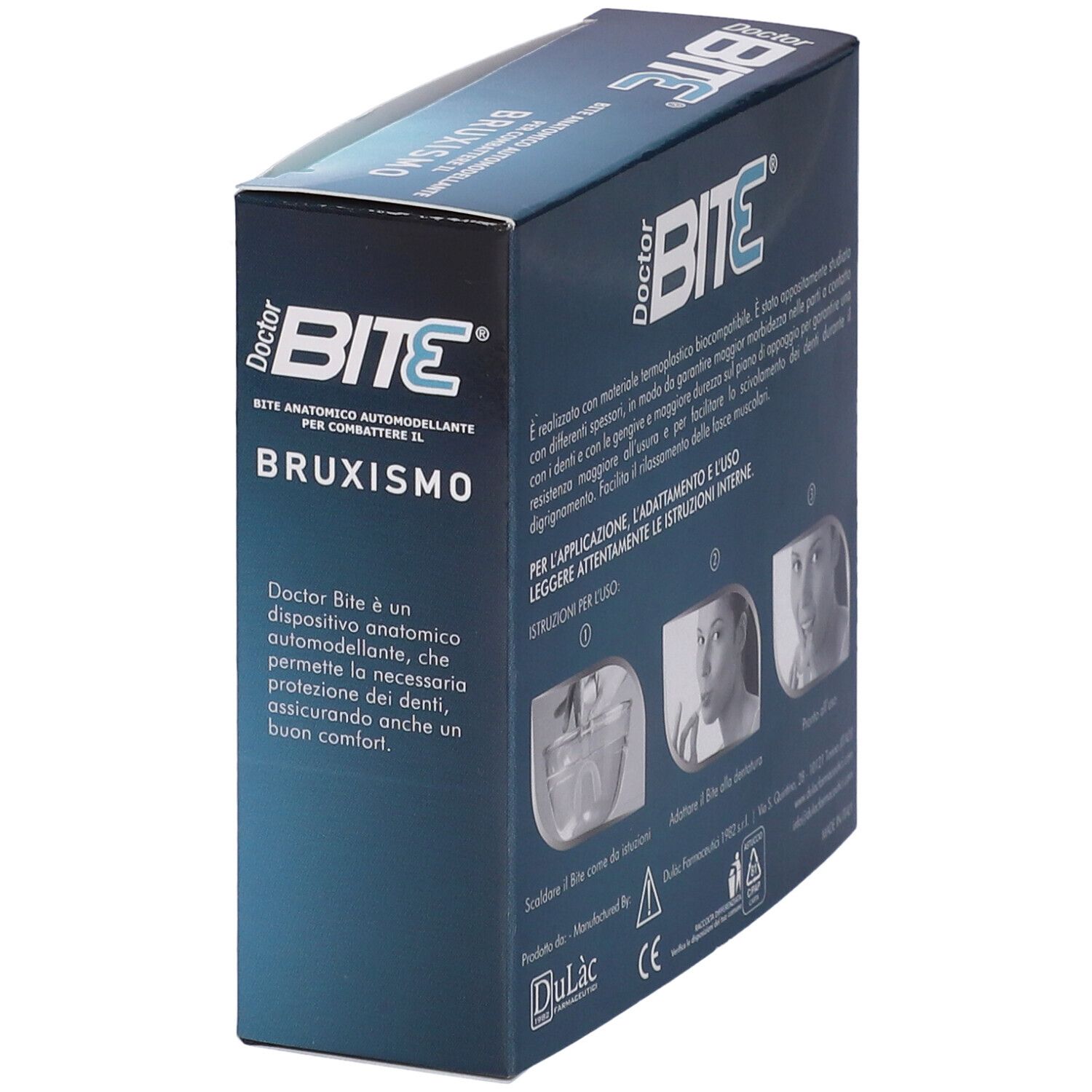 Scatola con un paradenti. Sulla scatola è scritto "Doctor Bite" e "Bruxismo".