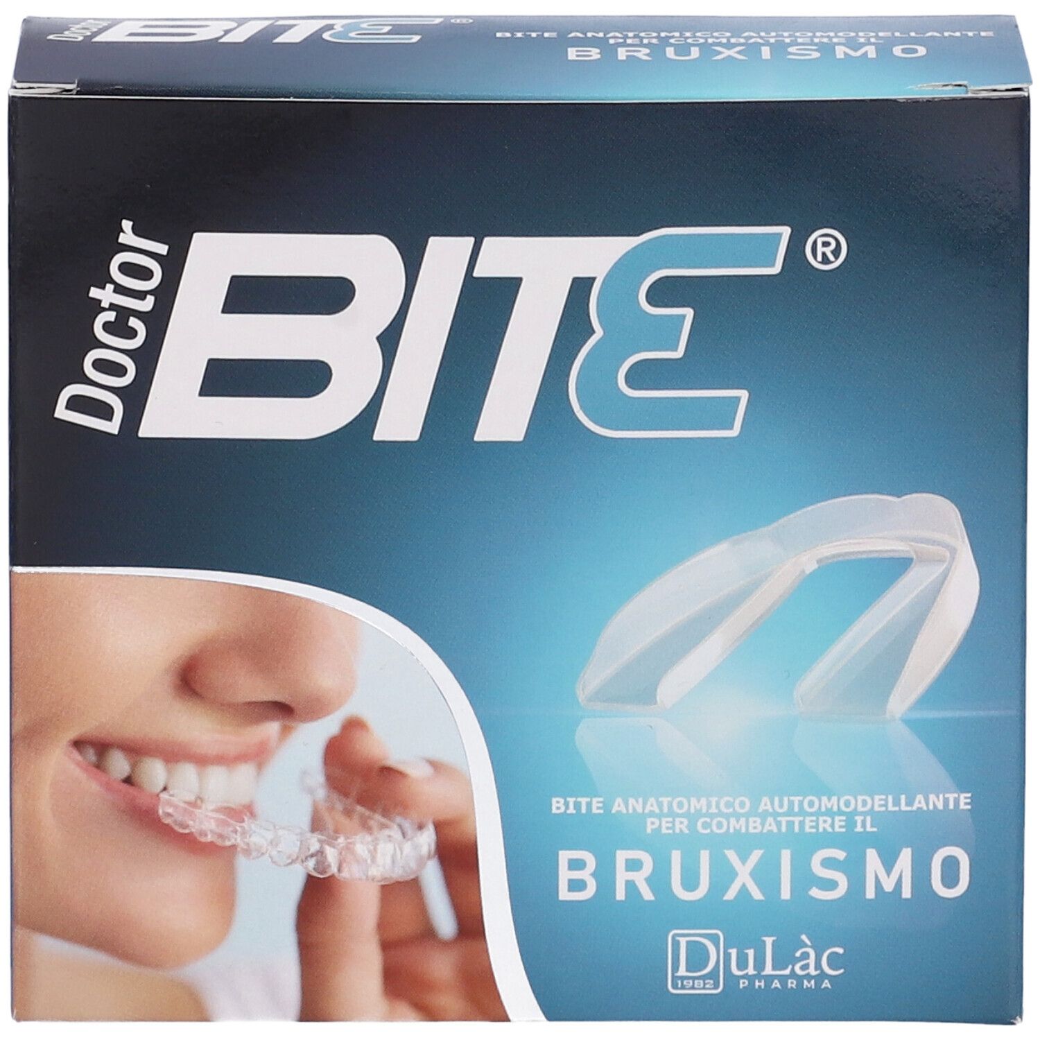 Scatola con un paradenti trasparente. Sulla scatola è scritto "Doctor Bite" e "Bruxismo".