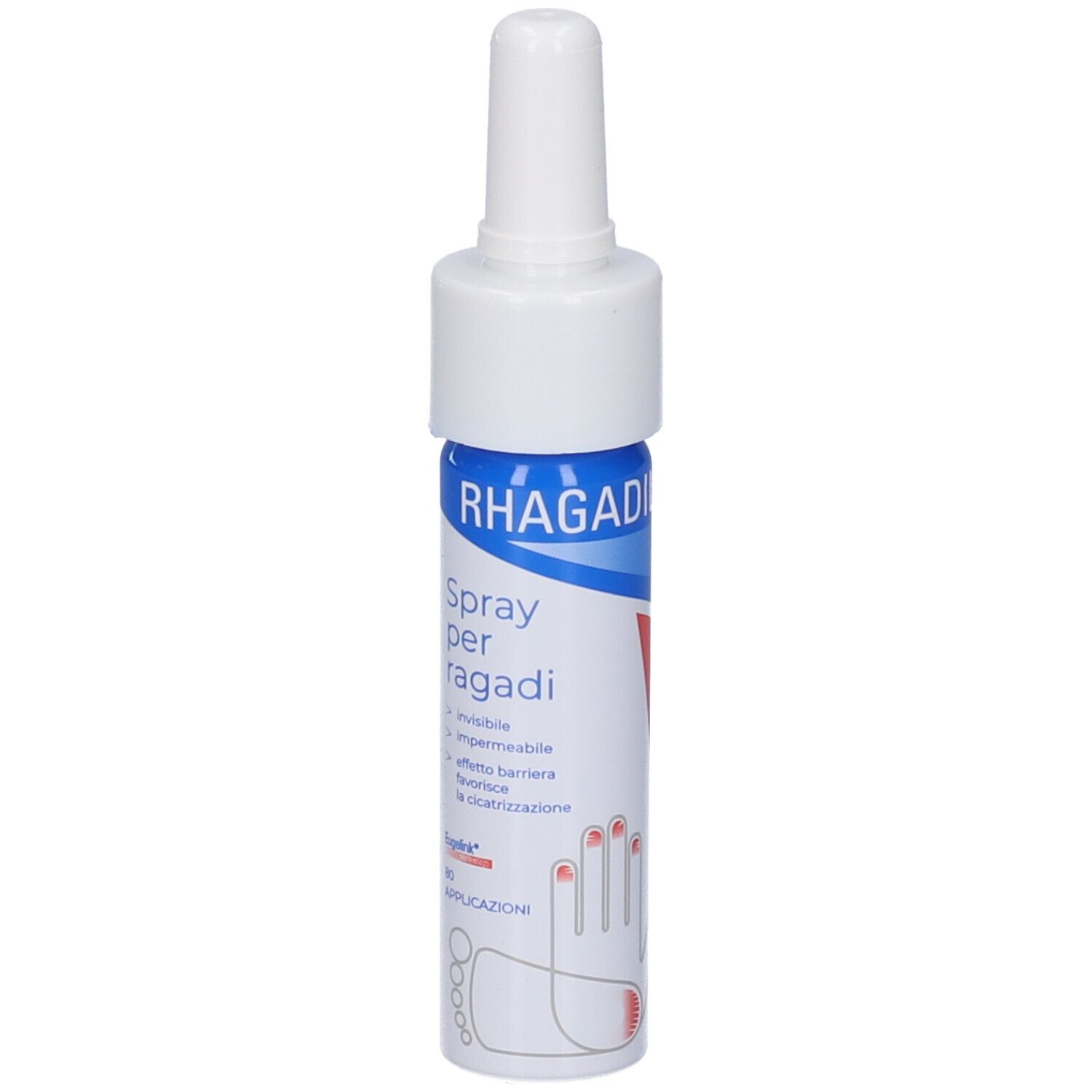 Flacone spray con erogatore bianco e fascia blu. Scritta: RHAGADIL Spray per ragadi.