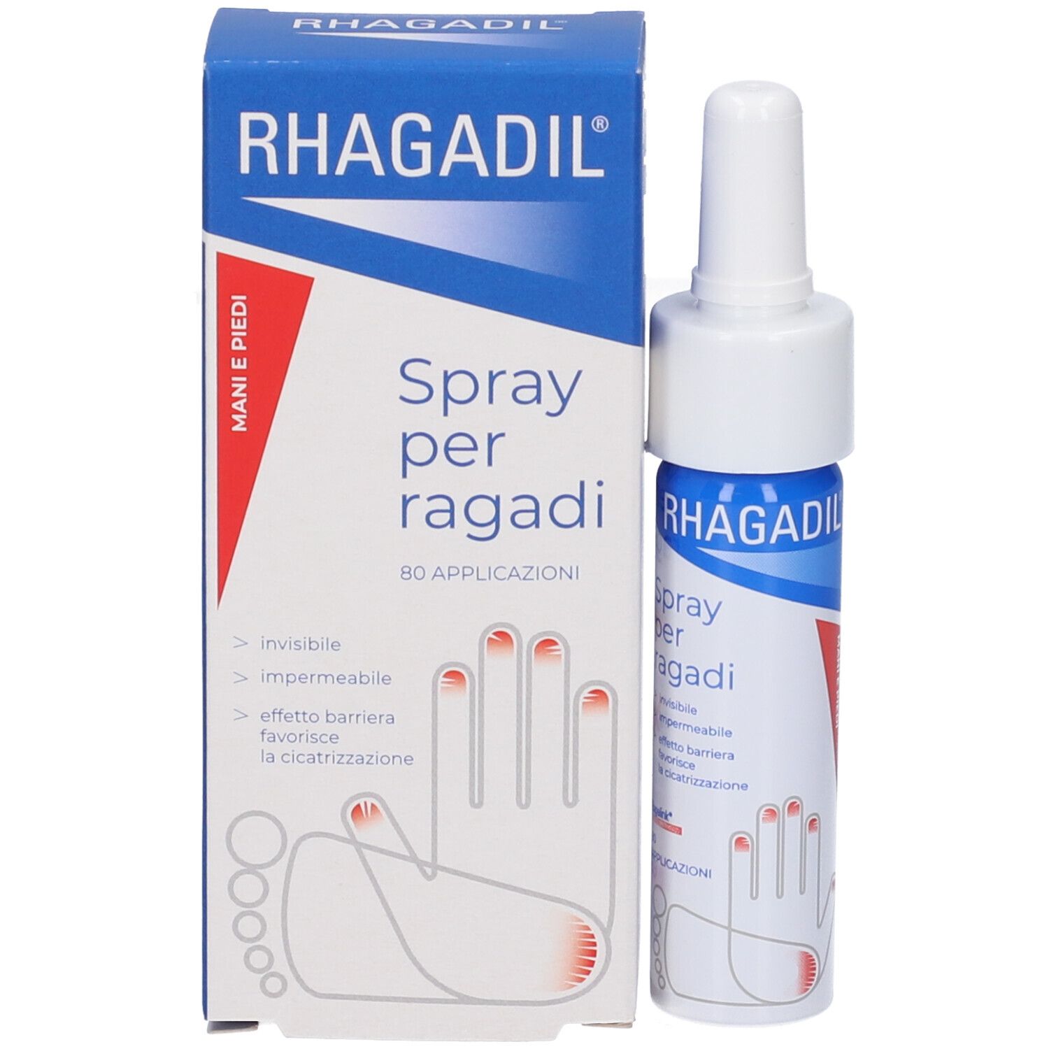Confezione del prodotto e flacone spray. Scritta: RHAGADIL Spray per ragadi. 80 applicazioni.