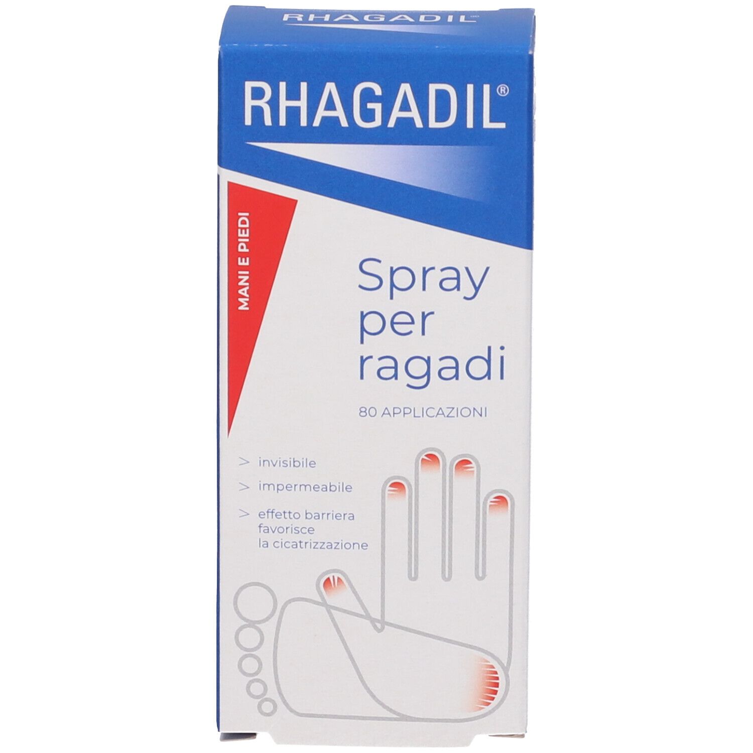 Confezione del prodotto. Scritta: RHAGADIL Spray per ragadi. 80 applicazioni.