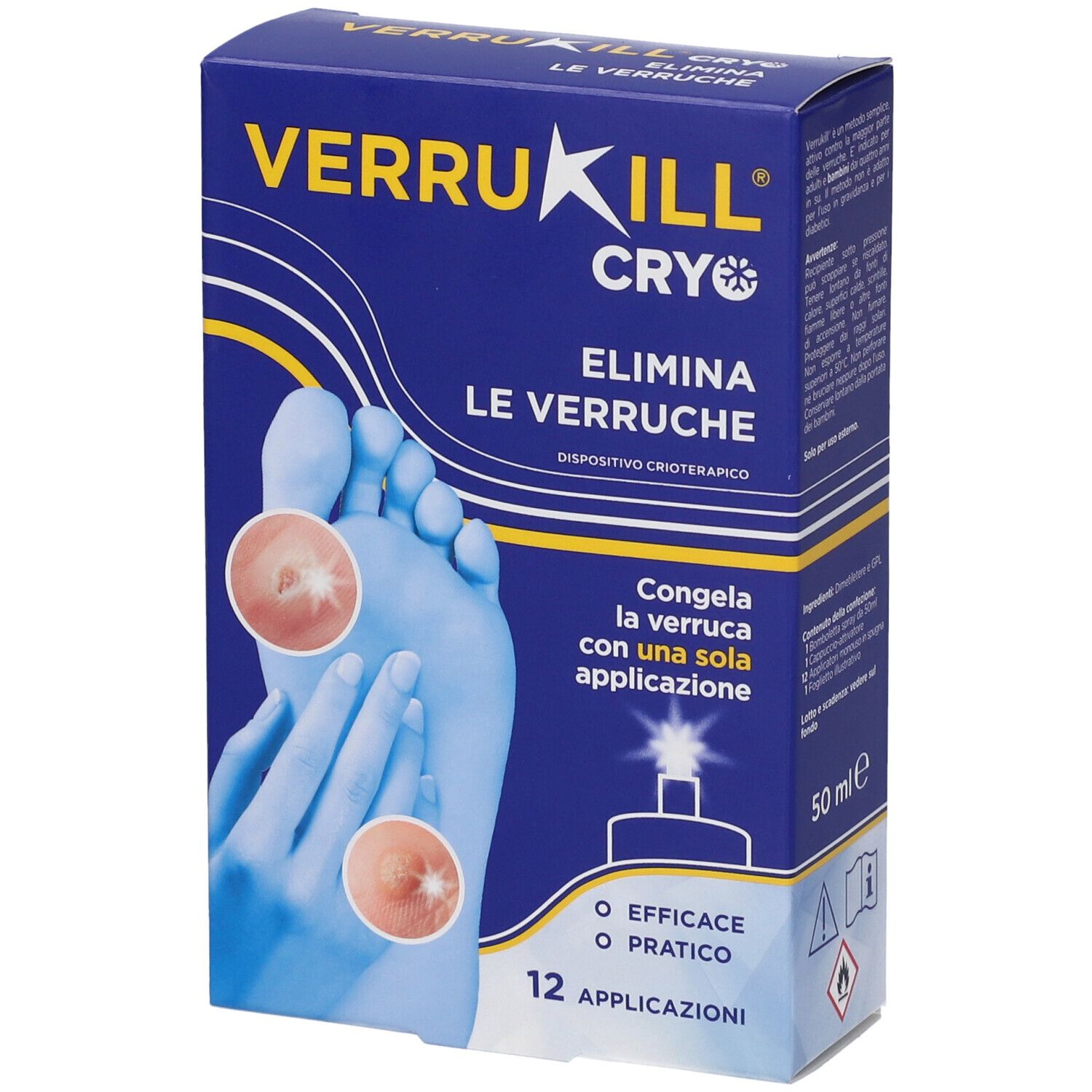 Confezione blu e bianca con nome del prodotto e illustrazione. Mostra un piede con verruche. Testo: Elimina le verruche.