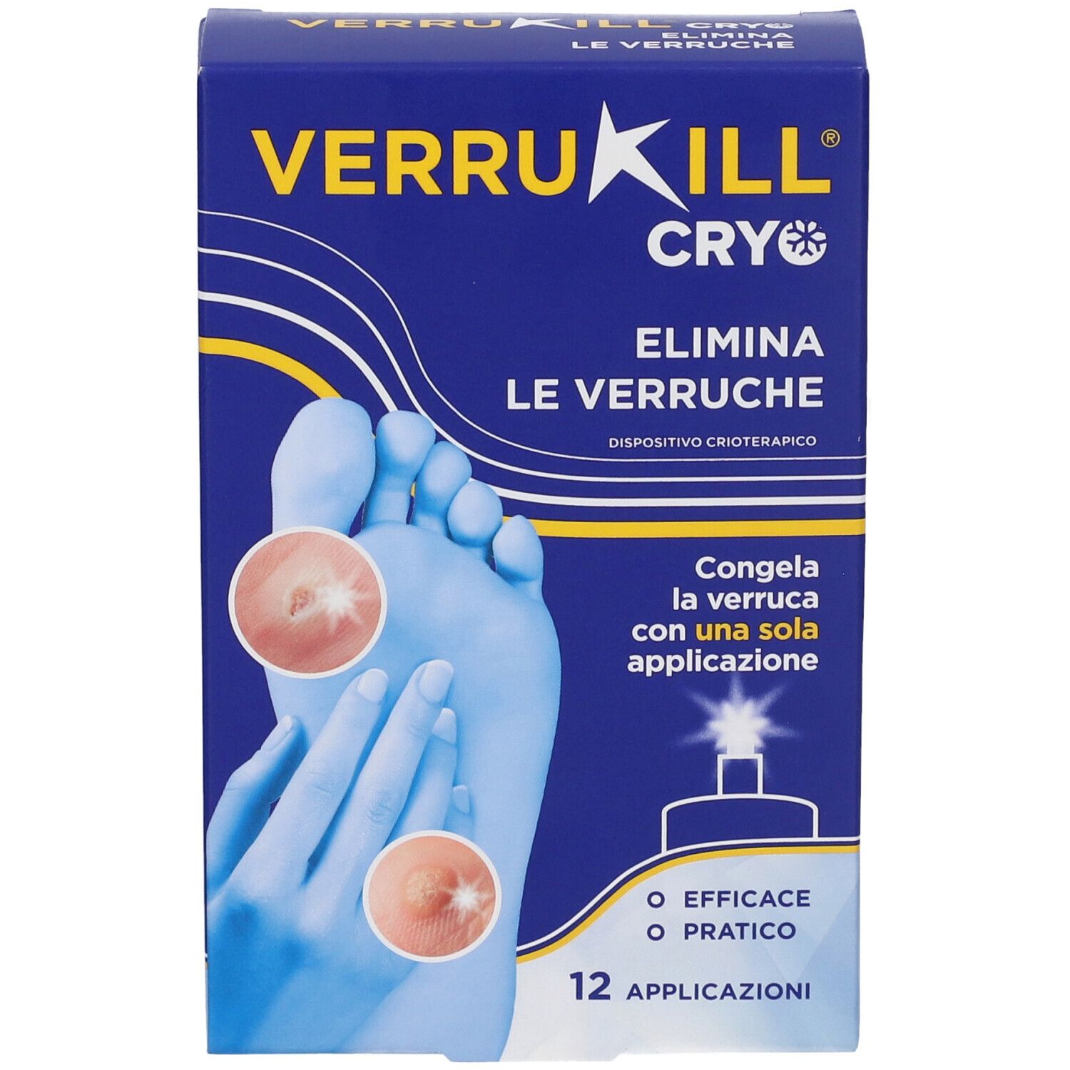 Confezione blu e bianca con nome del prodotto e illustrazione. Mostra un piede con verruche. Testo: Elimina le verruche.