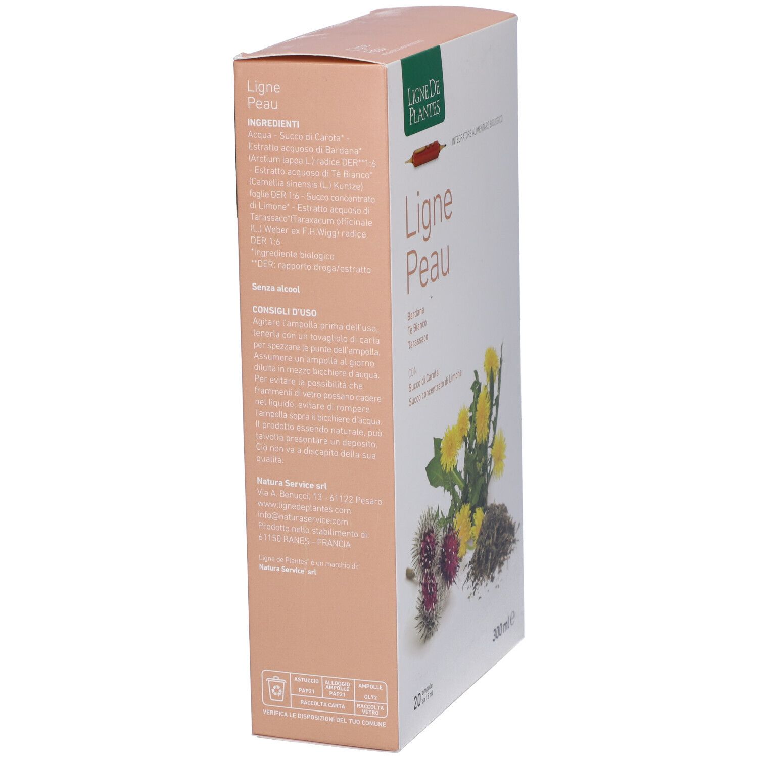 Confezione del prodotto, vista laterale. Testo: Ligne Peau, ingredienti, istruzioni per l'uso. Logo Ligne de Plantes.