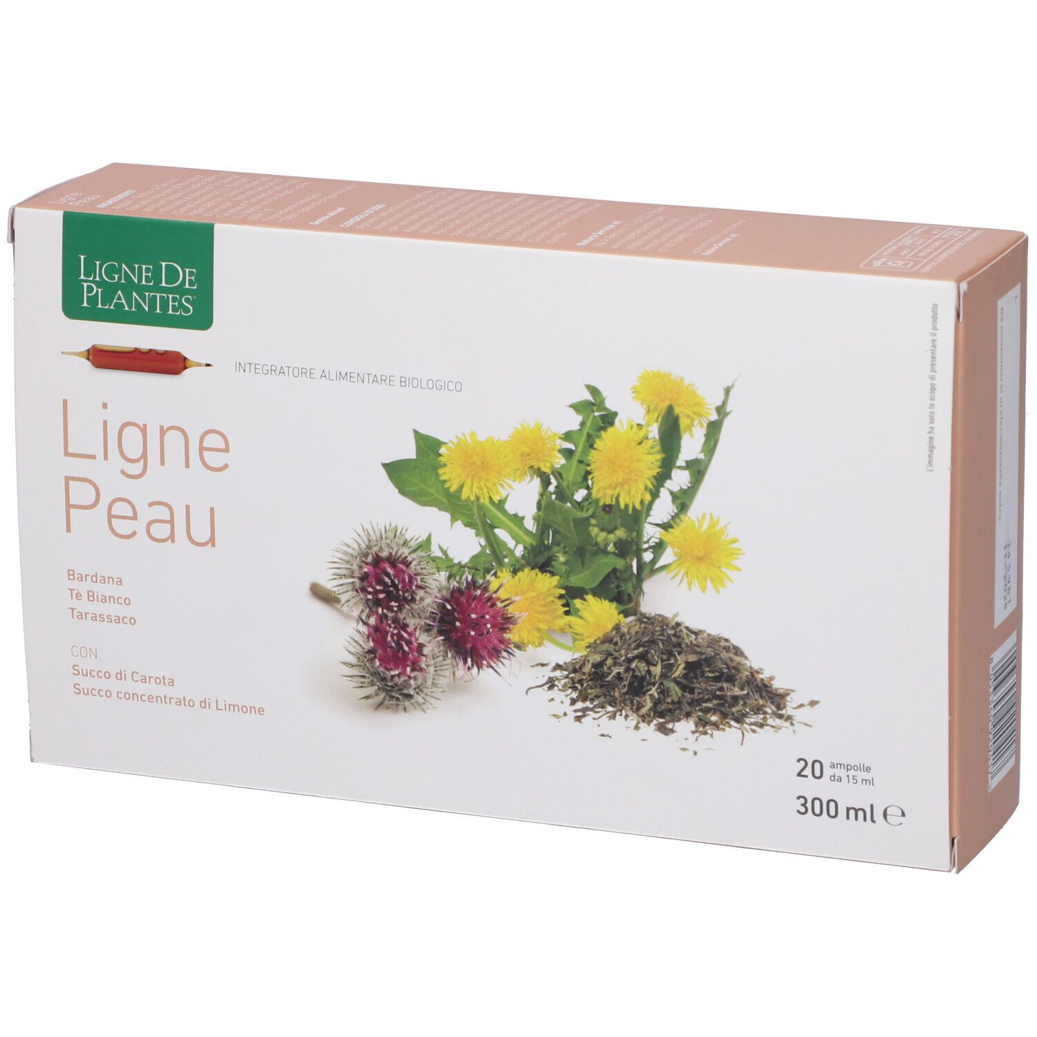 Confezione del prodotto, vista obliqua. Scritta: Ligne Peau, 20 fiale, 300 ml. Illustrazione di piante e fiori.