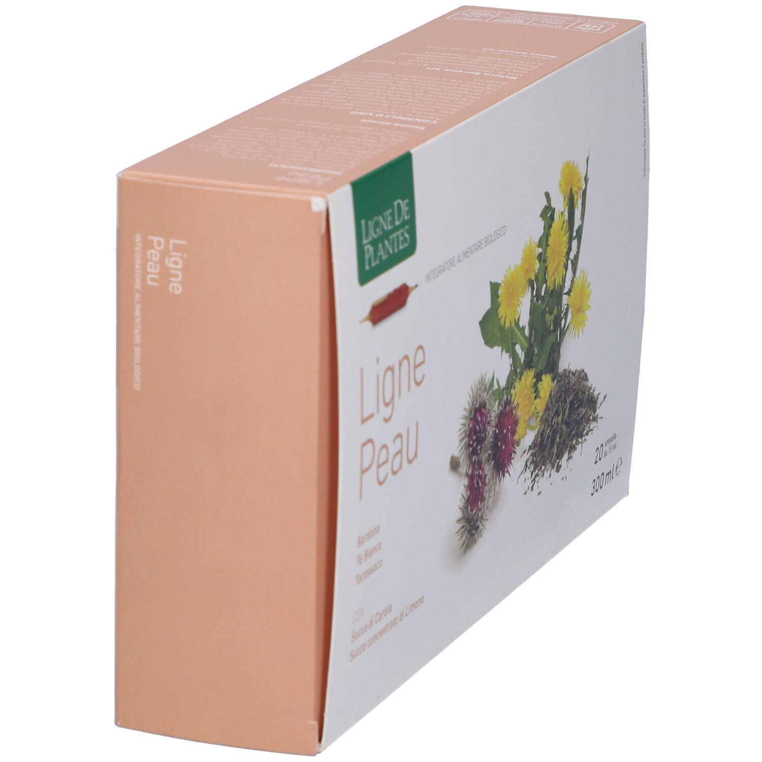 Confezione del prodotto, vista obliqua. Scritta: Ligne Peau, 20 fiale, 300 ml. Logo Ligne de Plantes.