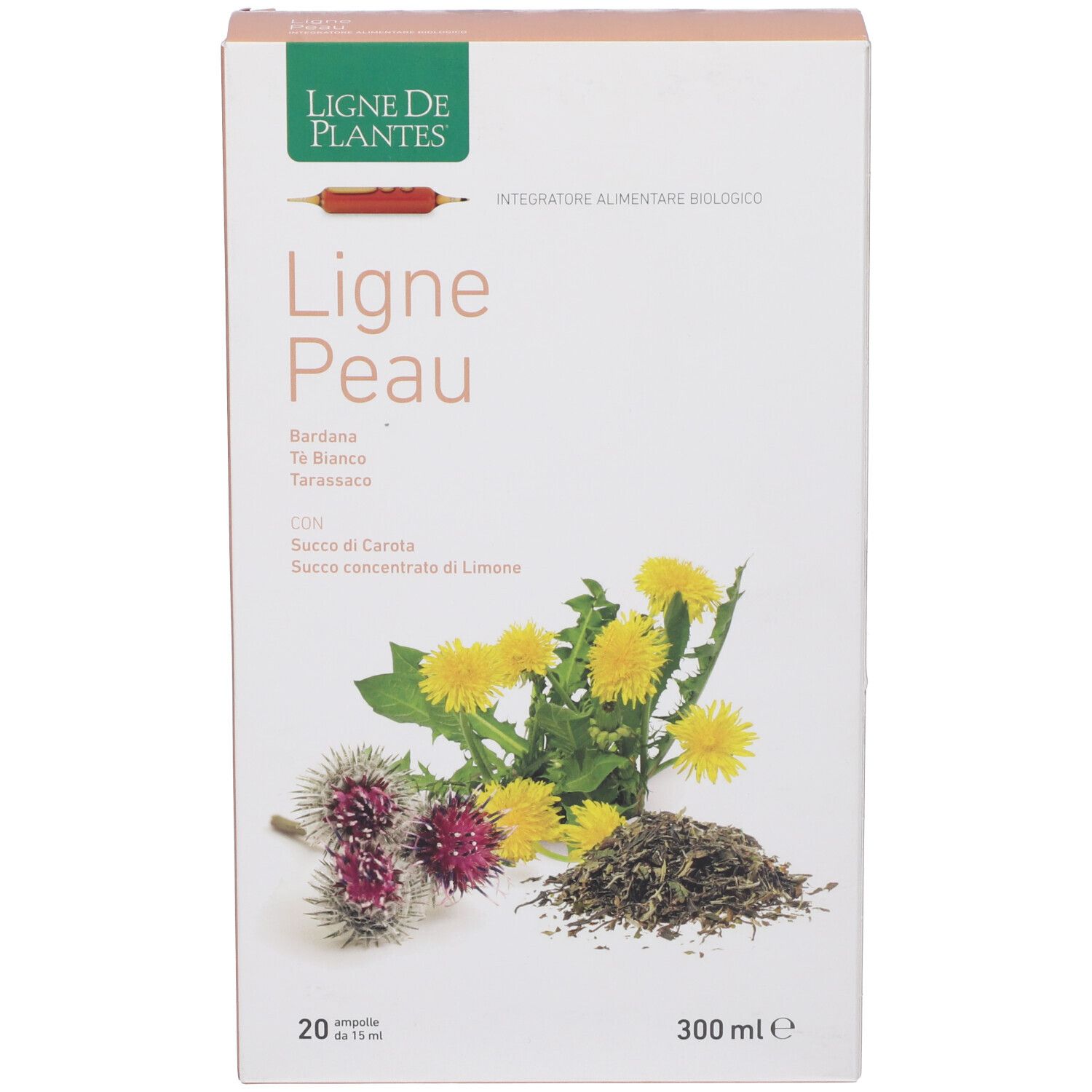 Confezione del prodotto. Scritta: Ligne Peau, 20 fiale, 300 ml. Illustrazione di piante e fiori. Logo Ligne de Plantes.
