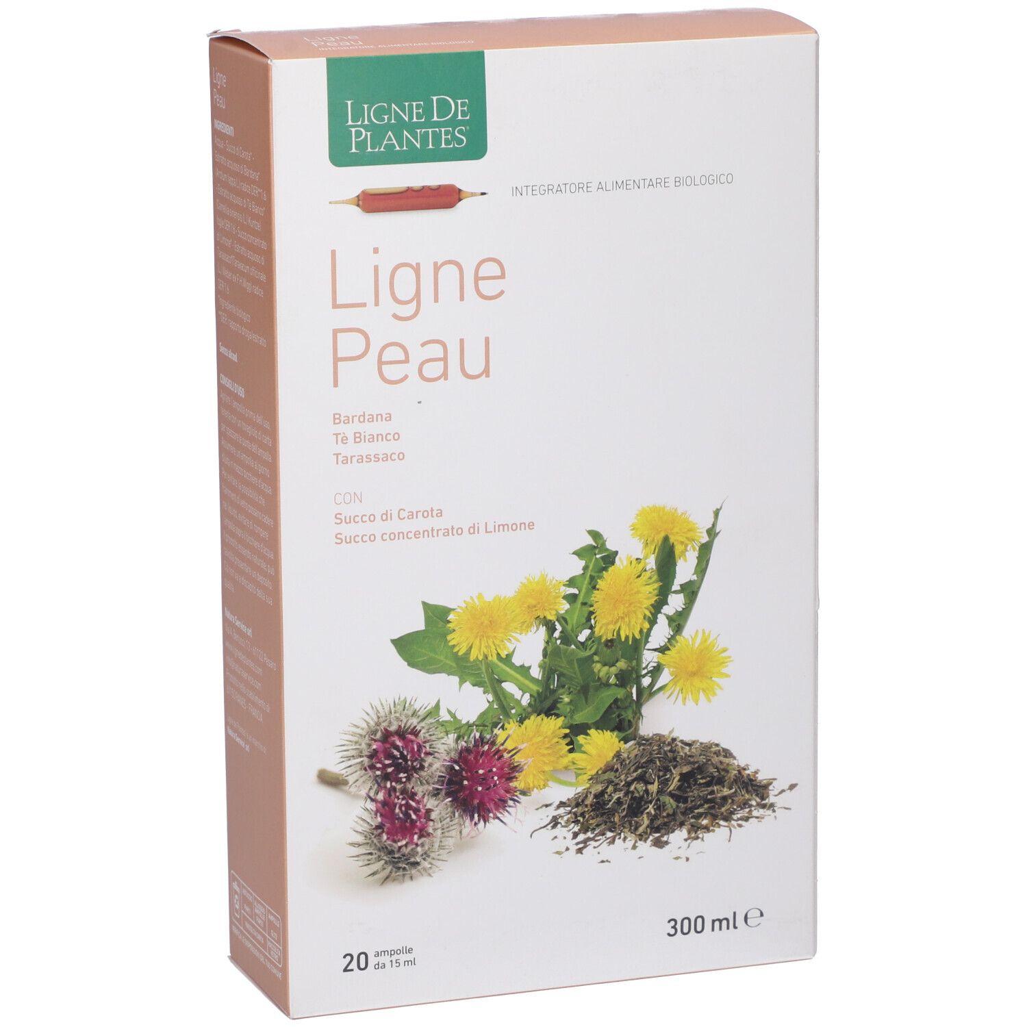 Confezione del prodotto. Scritta: Ligne Peau, 20 fiale, 300 ml. Illustrazione di piante e fiori. Logo Ligne de Plantes.