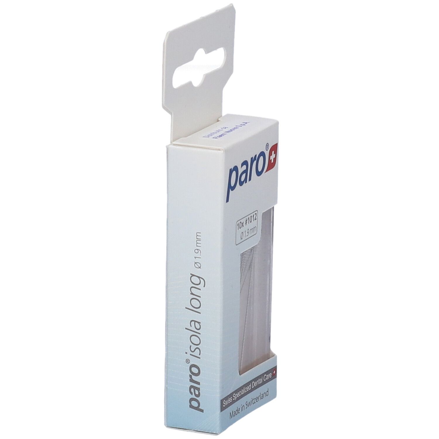 Vista laterale della confezione di spazzolini Paro Isola Long. Scatola bianca con informazioni.