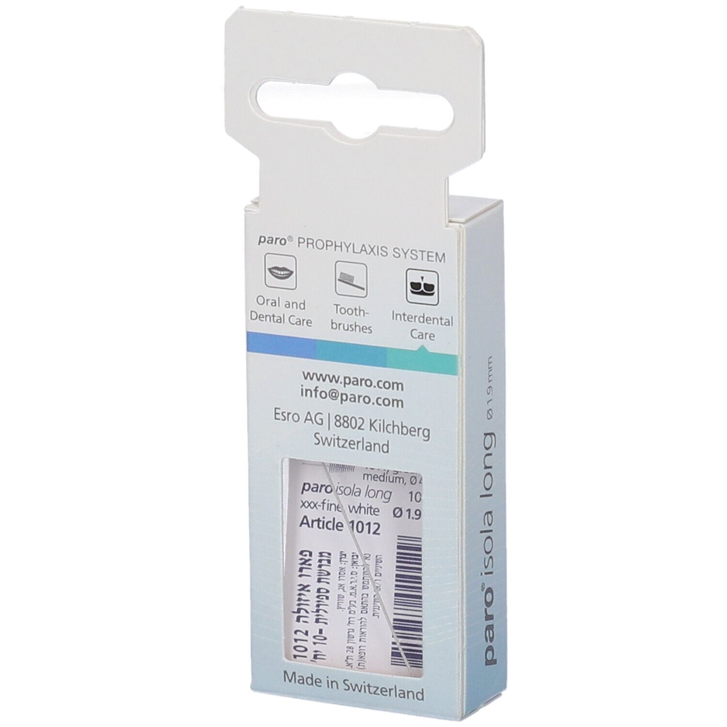 Retro della confezione di spazzolini Paro Isola Long. Informazioni e logo.