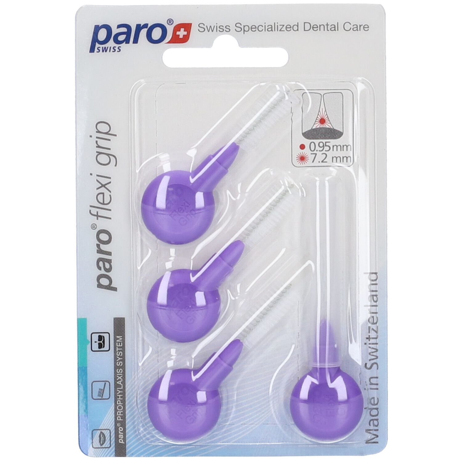 Confezione con tre scovolini interdentali viola. Scritta Flexi Grip e indicazioni dimensioni.