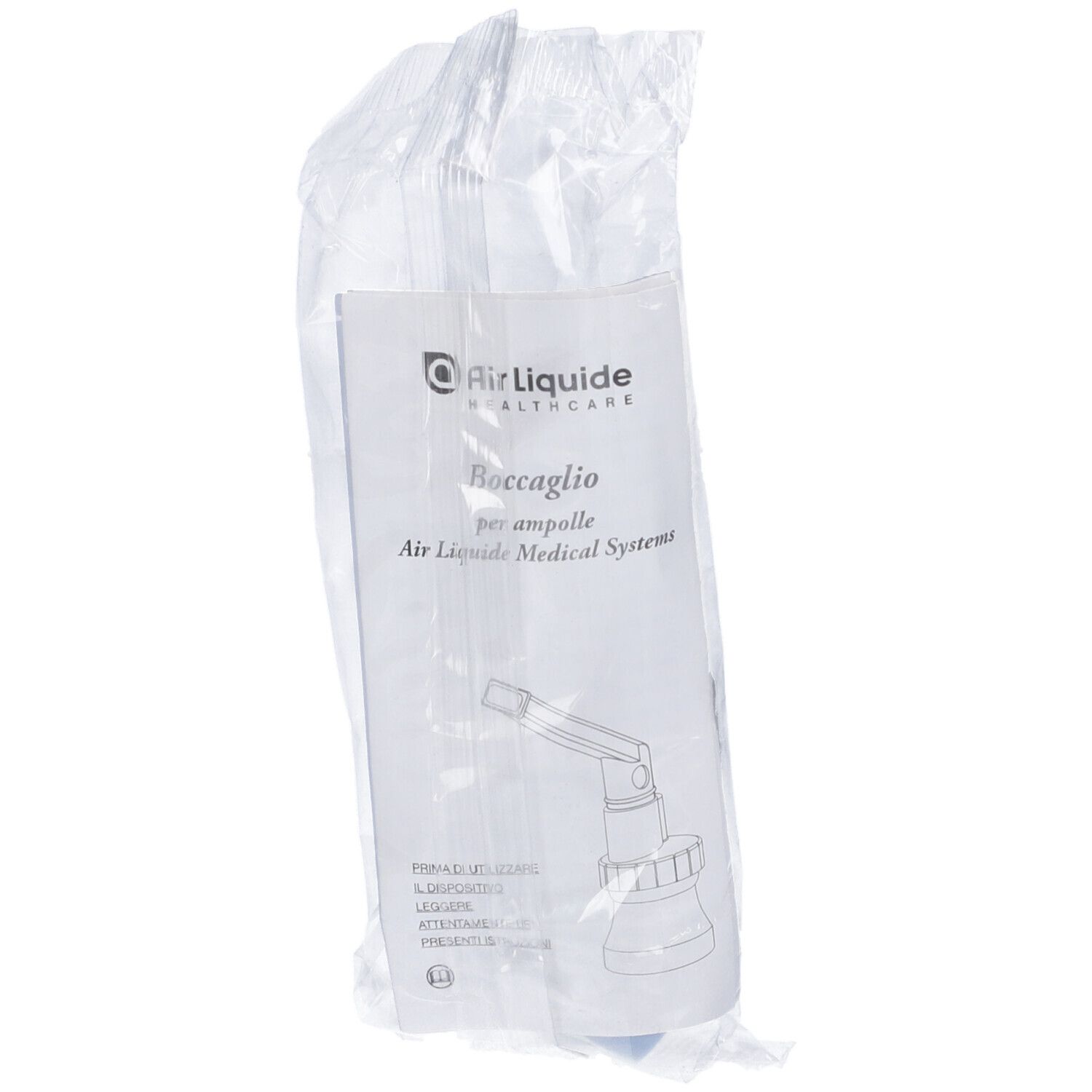 Confezione con boccaglio e brochure. Scritta 'Boccaglio' e logo Air Liquide HealthCare. Confezione trasparente.