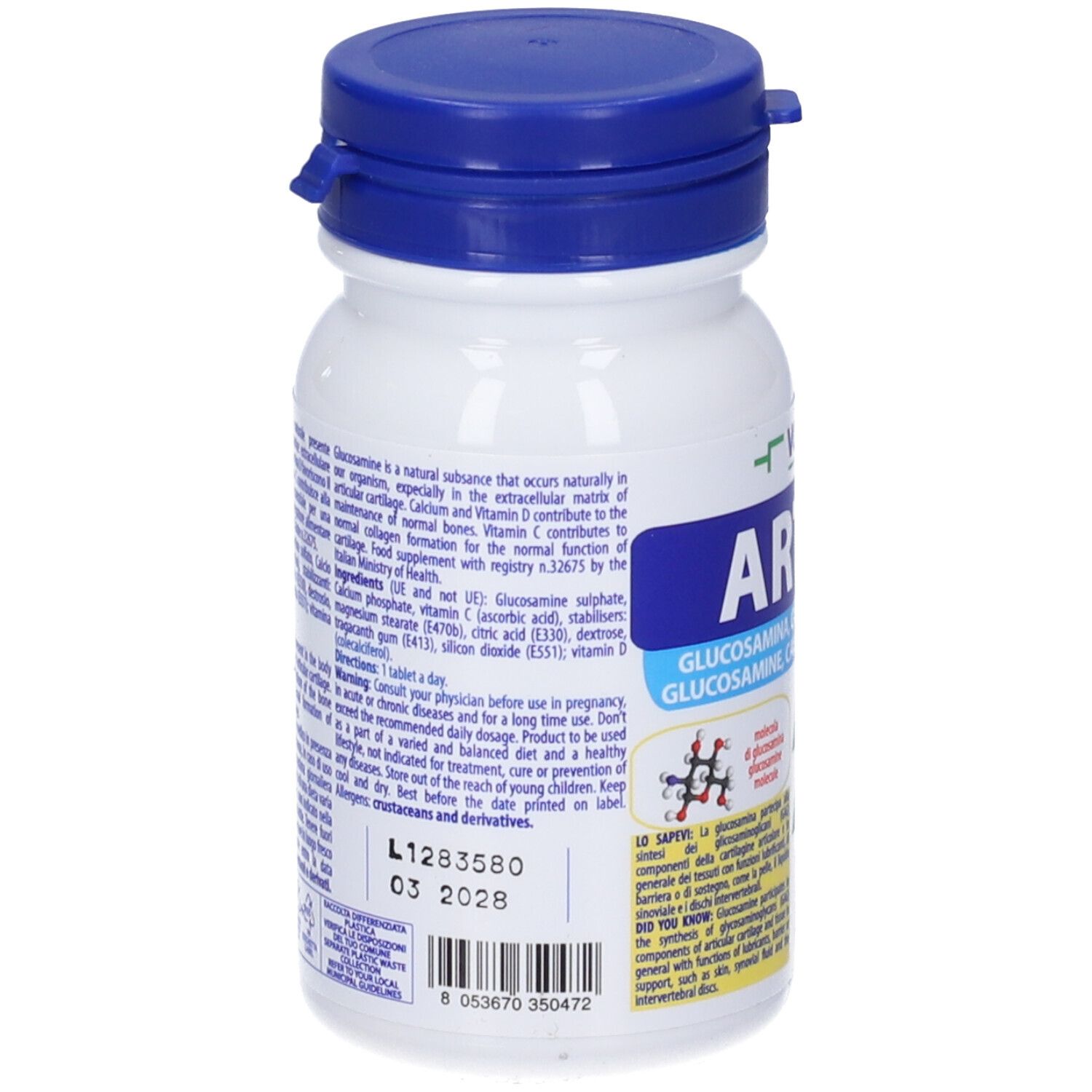 Retro del flacone bianco con tappo blu. Informazioni testuali e data di scadenza 03 2028.