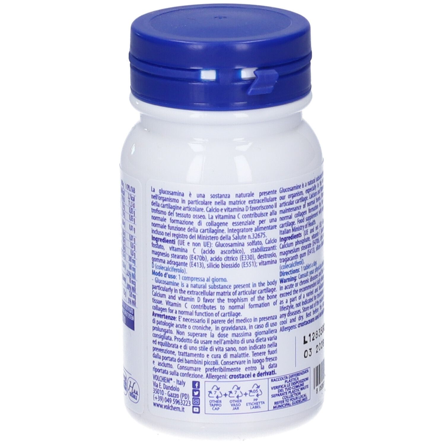 Retro del flacone bianco con tappo blu. Informazioni testuali, ingredienti e avvertenze.