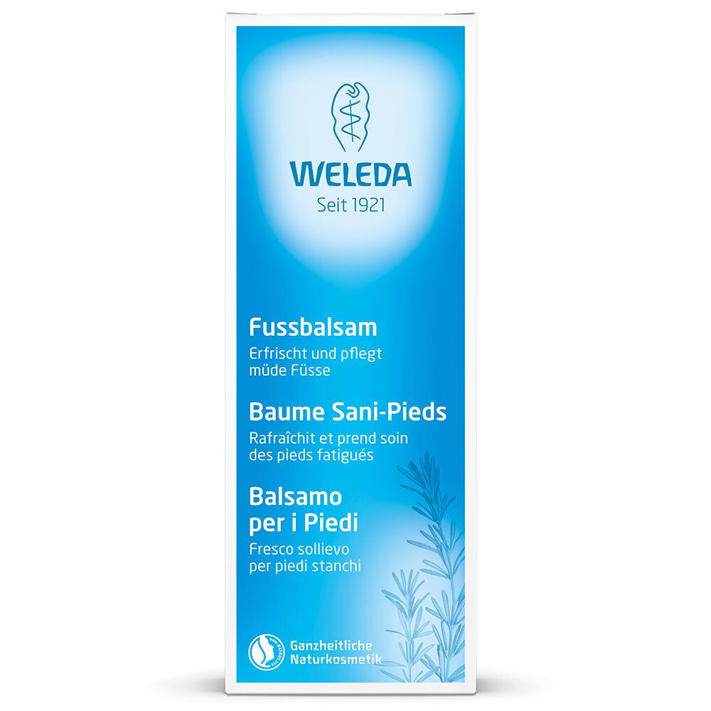 Confezione blu e bianca. Testo: WELEDA, Balsamo per i Piedi, Fussbalsam, Baume Sani-Pieds. Cosmesi naturale.