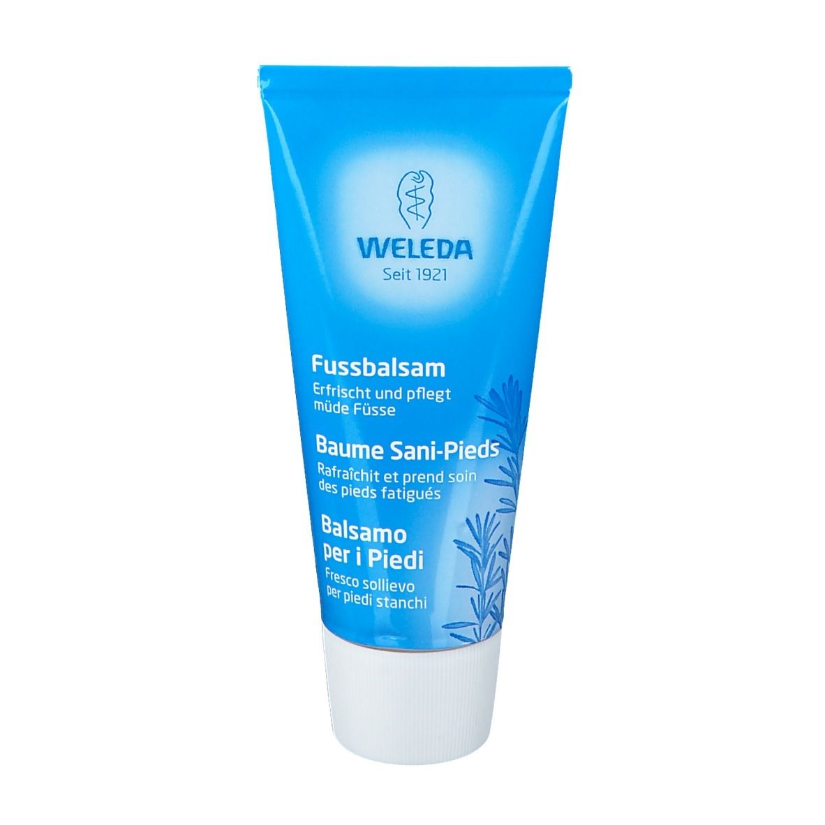 Tubo blu. Testo WELEDA, Balsamo per i Piedi, Fussbalsam, Baume Sani-Pieds. Chiusura bianca.