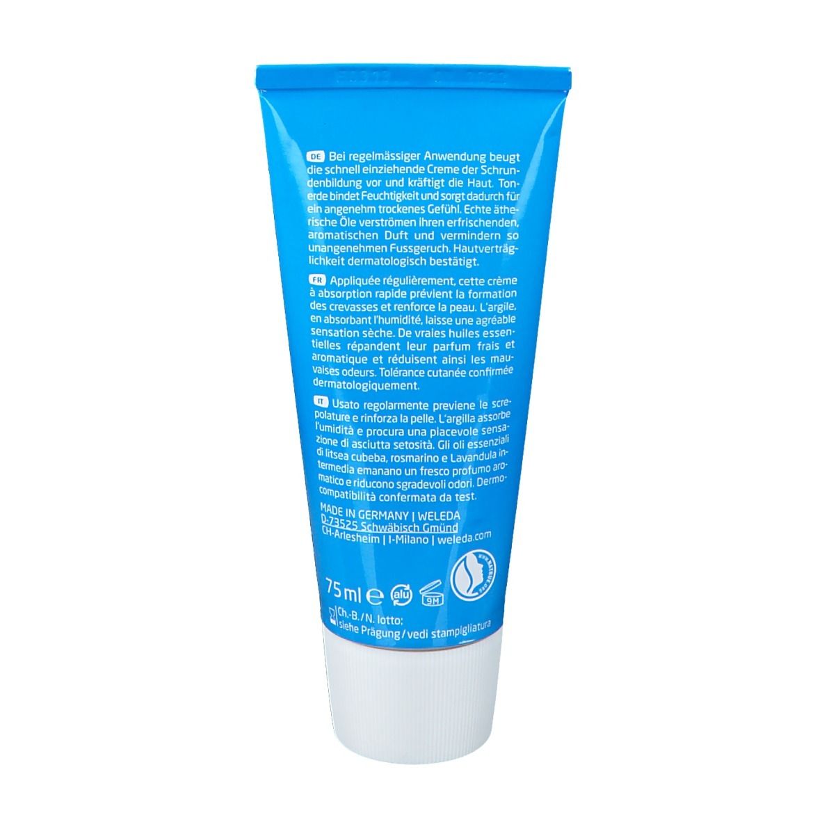 Retro del tubo blu. Testo multilingue. 75ml. Indirizzo del produttore.