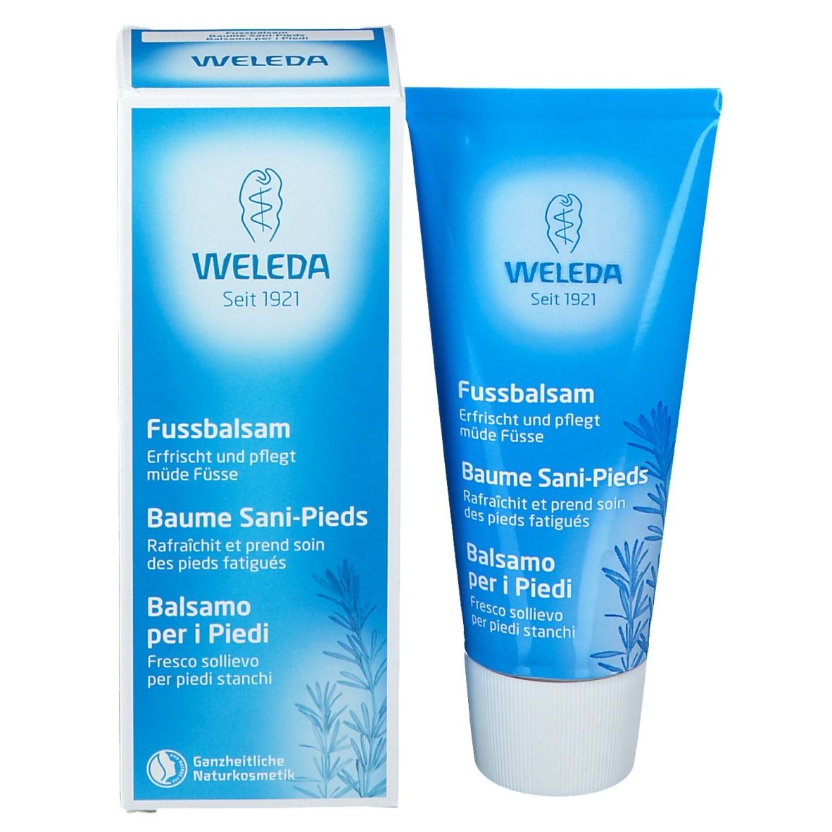 Confezione e tubo. Tubo blu, testo WELEDA, Balsamo per i Piedi, Fussbalsam, Baume Sani-Pieds. Confezione blu e bianca.
