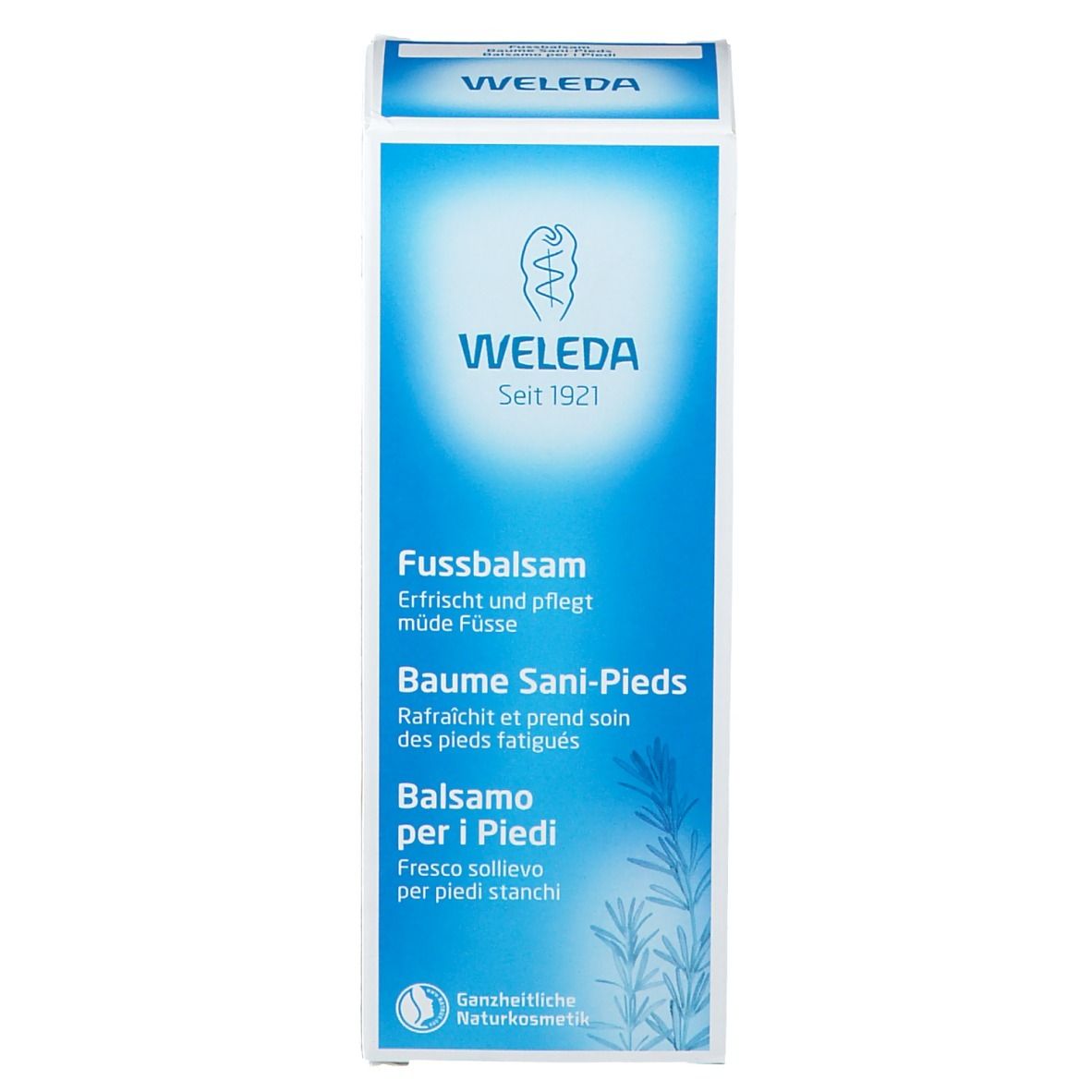 Confezione blu e bianca. Testo: WELEDA, Balsamo per i Piedi, Fussbalsam, Baume Sani-Pieds. Cosmesi naturale.